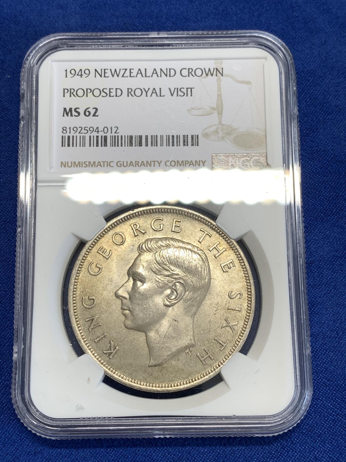 《竞宝斋》第294场- 周日，周一  2场连拍 （全场包邮） NGC MS62 新西兰1949年乔治六世克朗银币 原光好品