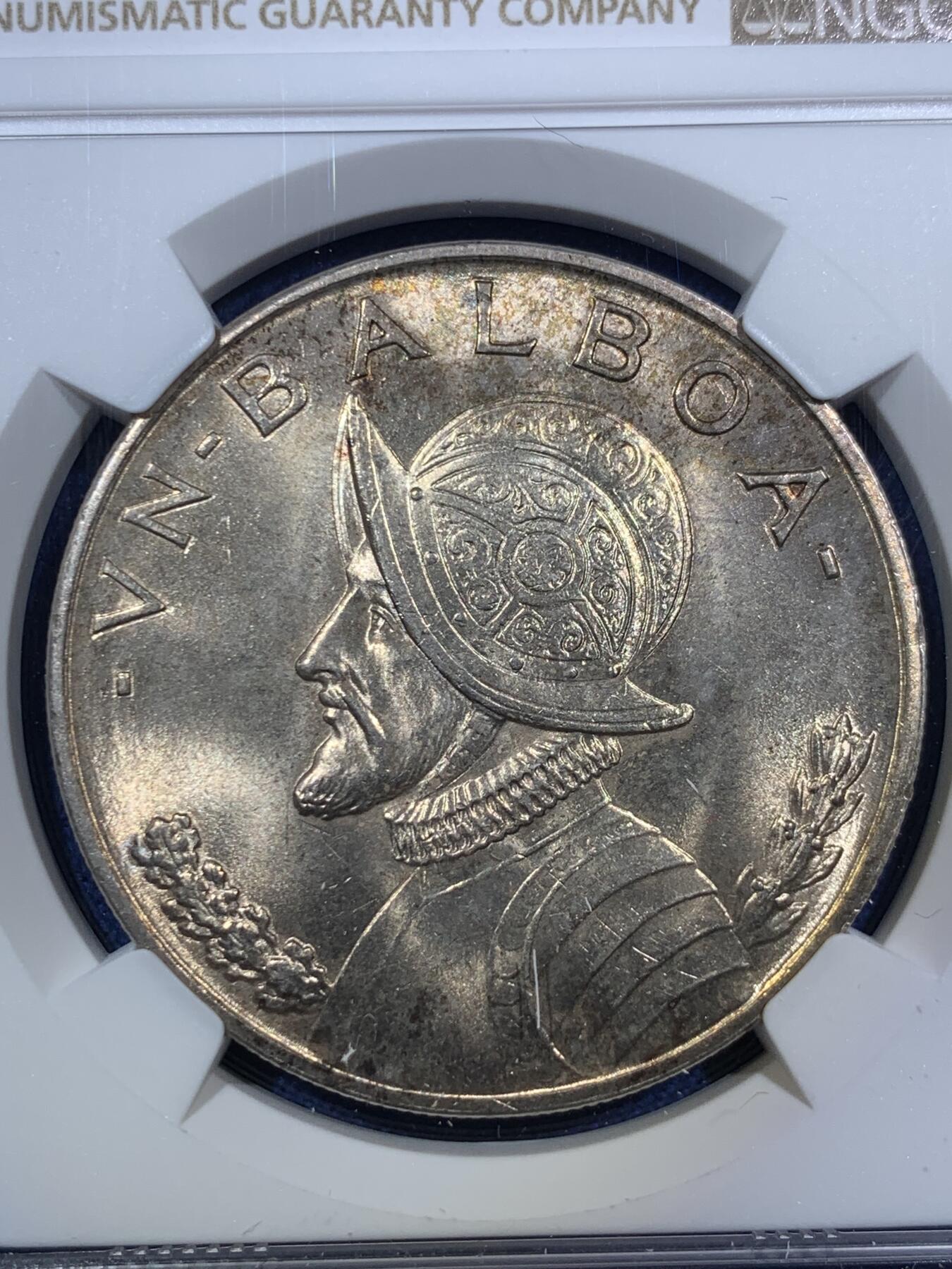 《竞宝斋》第294场- 周日，周一  2场连拍 （全场包邮） NGC MS63 巴拿马1947年巴尔博亚大银币 转光丝滑 极美金色包浆