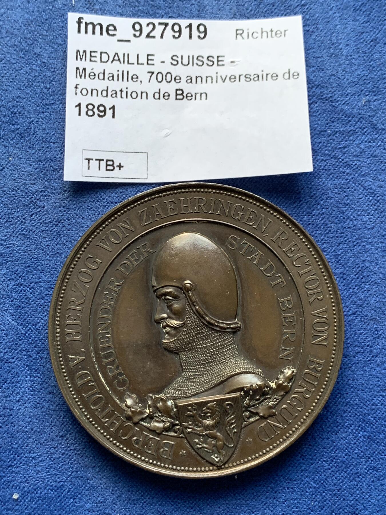 《竞宝斋》第294场- 周日，周一  2场连拍 （全场包邮） 1891年瑞士伯尔尼建城700周年纪念大铜章 直径50mm 高点完美 底板镜面感很强的一枚！