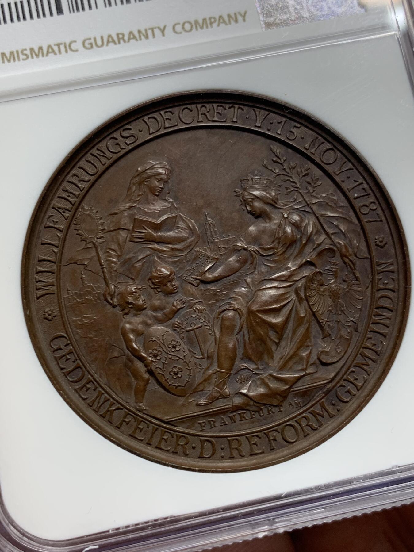 《竞宝斋》第294场- 周日，周一  2场连拍 （全场包邮） NGC MS62 德国 1887年法兰克福 改革百年纪念 铜章 双面精细制作 希见品种