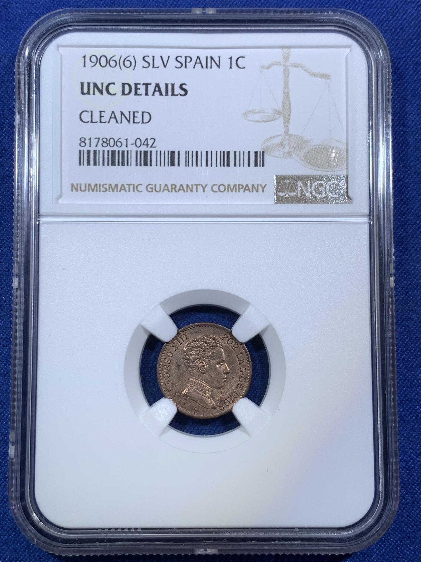 《竞宝斋》第294场- 周日，周一  2场连拍 （全场包邮） NGC UNCD 西班牙1906阿方索十三世1分铜币