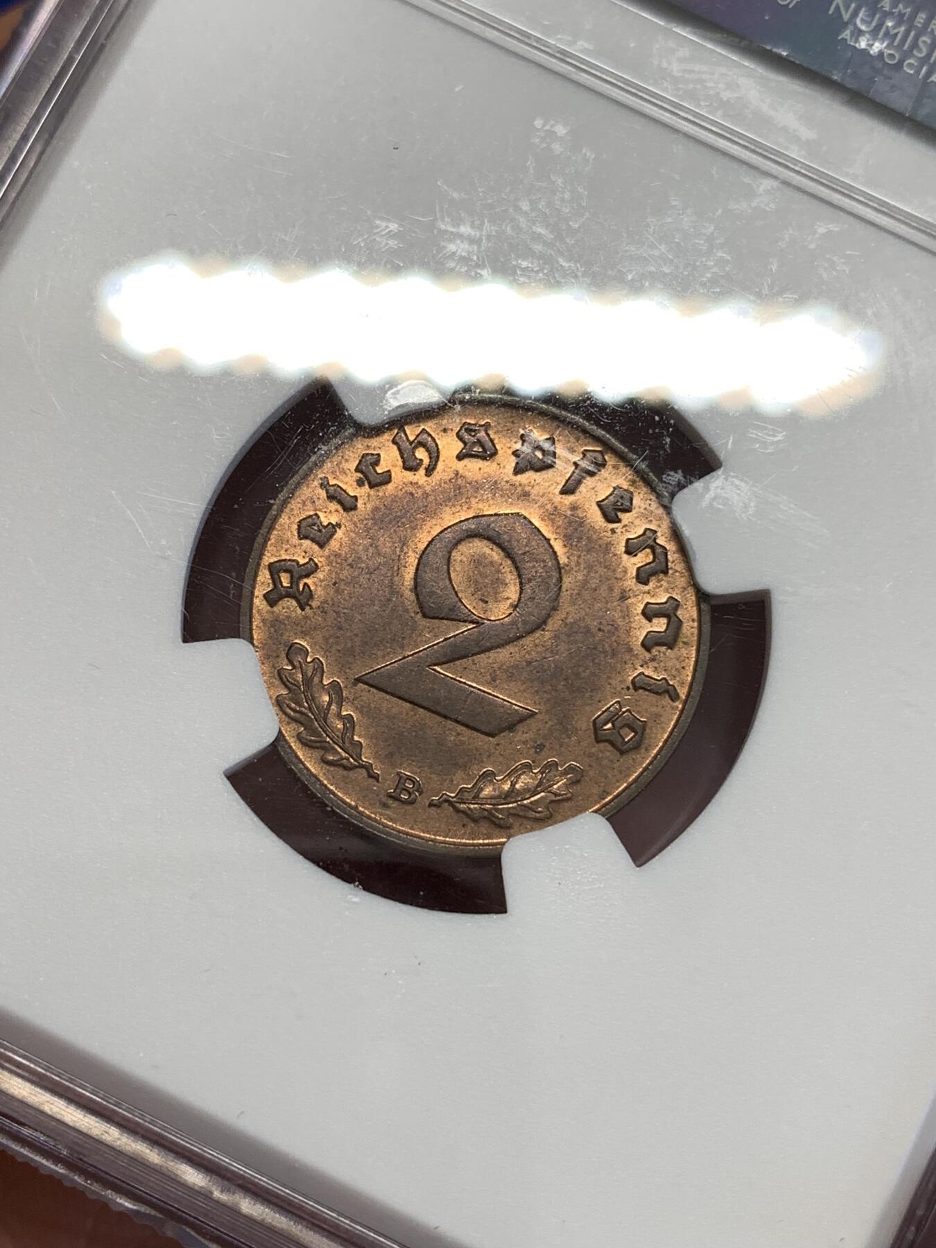 《竞宝斋》第294场- 周日，周一  2场连拍 （全场包邮） NGC MS63RB 1939B德意志第三帝国2芬尼铜币