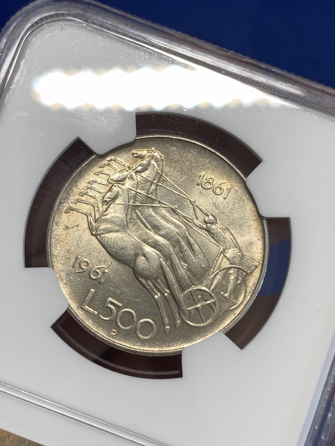 《竞宝斋》第294场- 周日，周一  2场连拍 （全场包邮） NGC MS63 意大利1961年马车500里拉银币