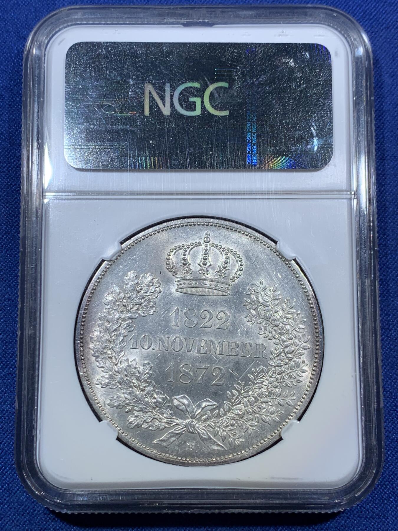 《竞宝斋》第294场- 周日，周一  2场连拍 （全场包邮） NGC MS61 1872年德国萨克森金婚纪念2泰勒 2泰勒的入门品种，MS品，适合德系入门