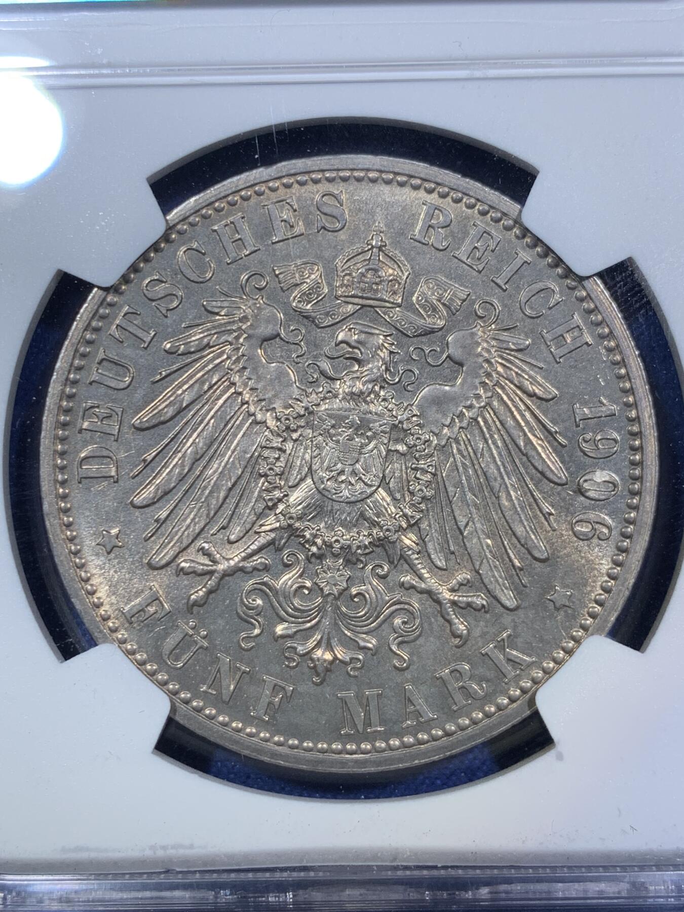 《竞宝斋》第294场- 周日，周一  2场连拍 （全场包邮） NGC MS63 德国1906巴登金婚5马克银币