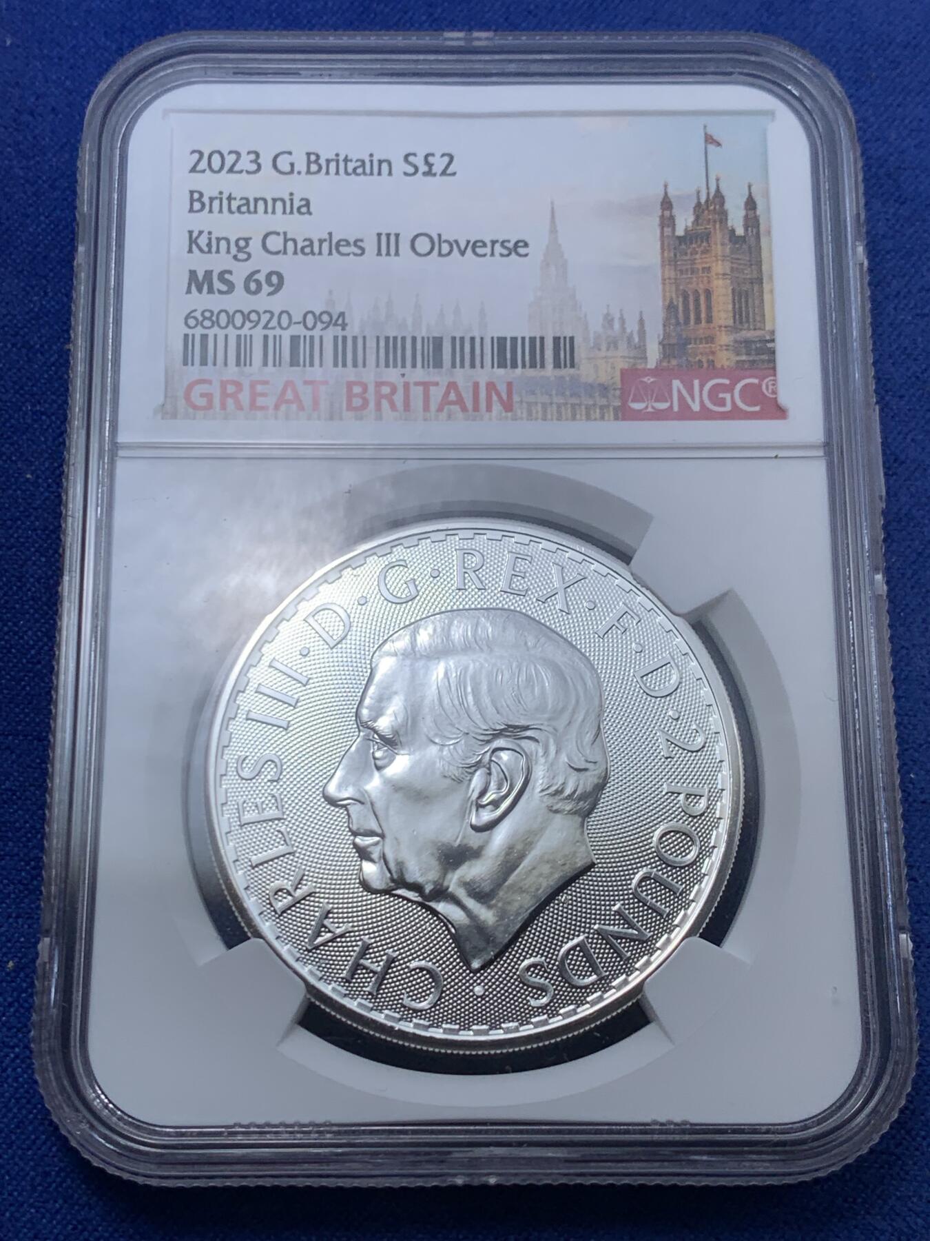 《竞宝斋》第294场- 周日，周一  2场连拍 （全场包邮） NGC MS69 英国2023年查尔斯海神一盎司大银币