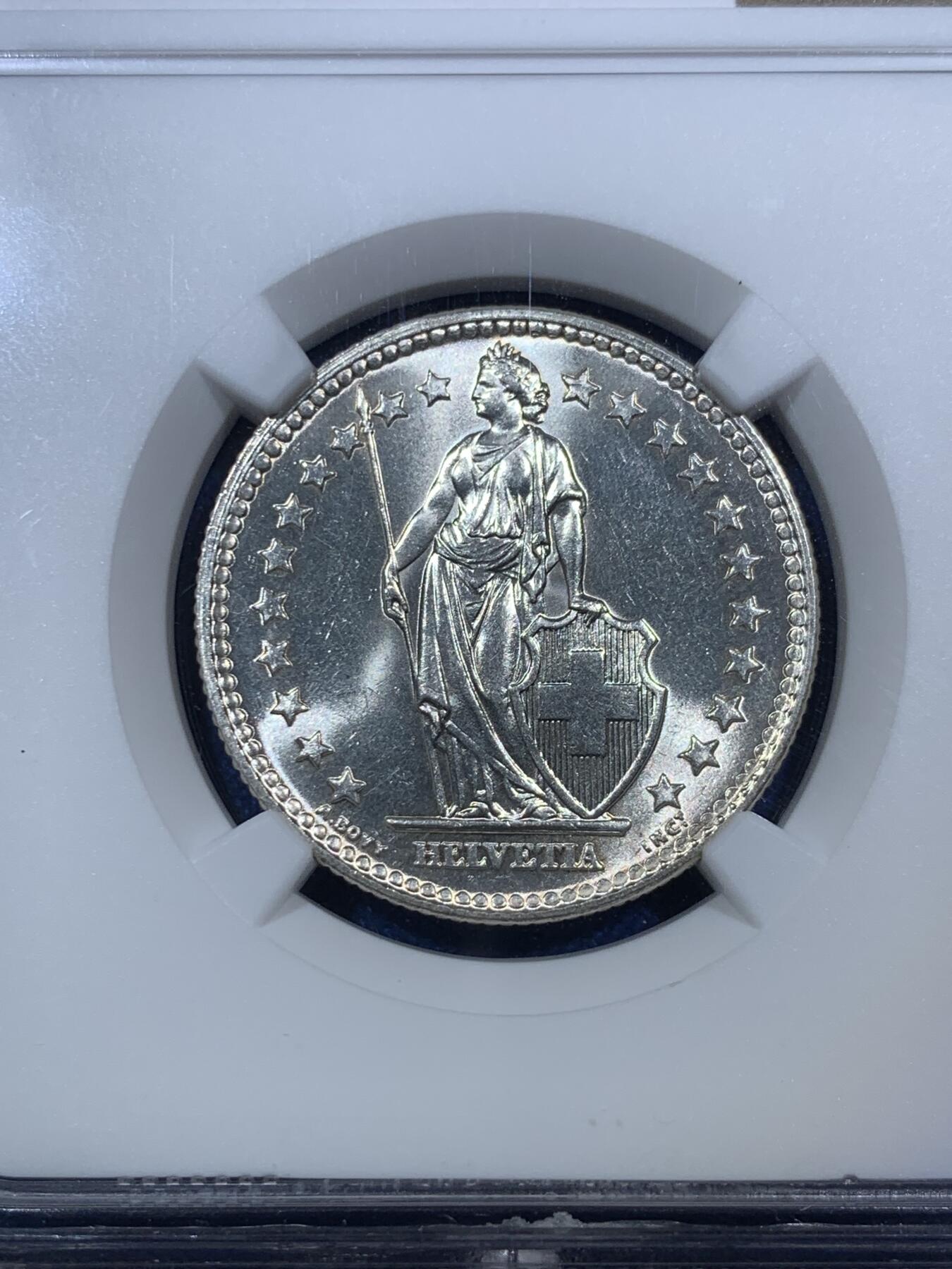 《竞宝斋》第294场- 周日，周一  2场连拍 （全场包邮） NGC MS64 瑞士1960年2法郎银币 转光很强