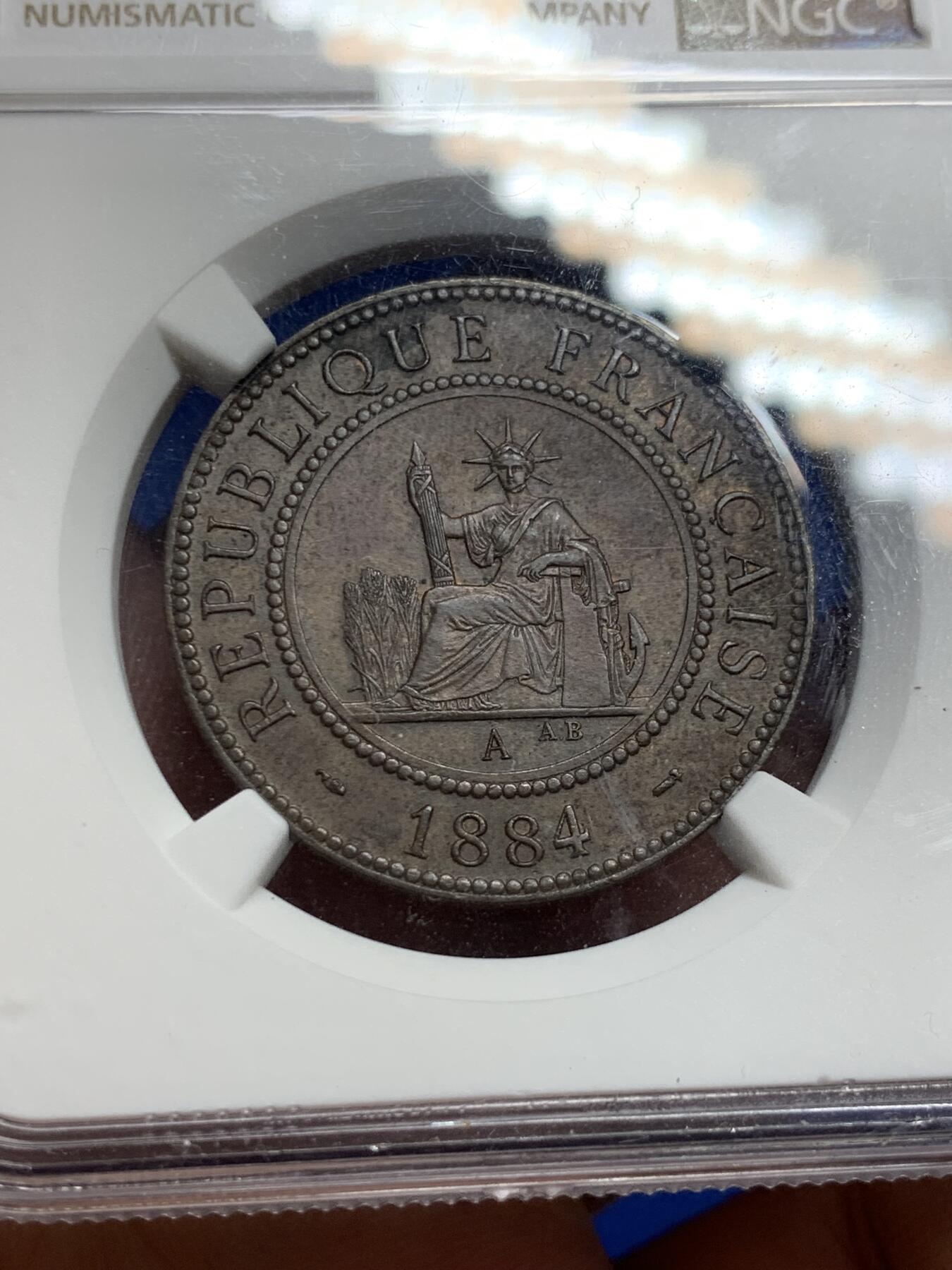 《竞宝斋》第294场- 周日，周一  2场连拍 （全场包邮） NGC MS63BN 1884年法属交趾支那百分之一铜币 是交趾不是印支，克书价高，巧克力包浆，铜坐洋，SBP原物，今年4月拍了552刀