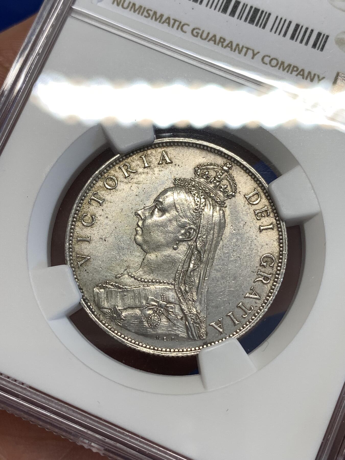 《竞宝斋》第294场- 周日，周一  2场连拍 （全场包邮） NGC UNC 英国1887年维多利亚女王1弗洛林 2先令银币