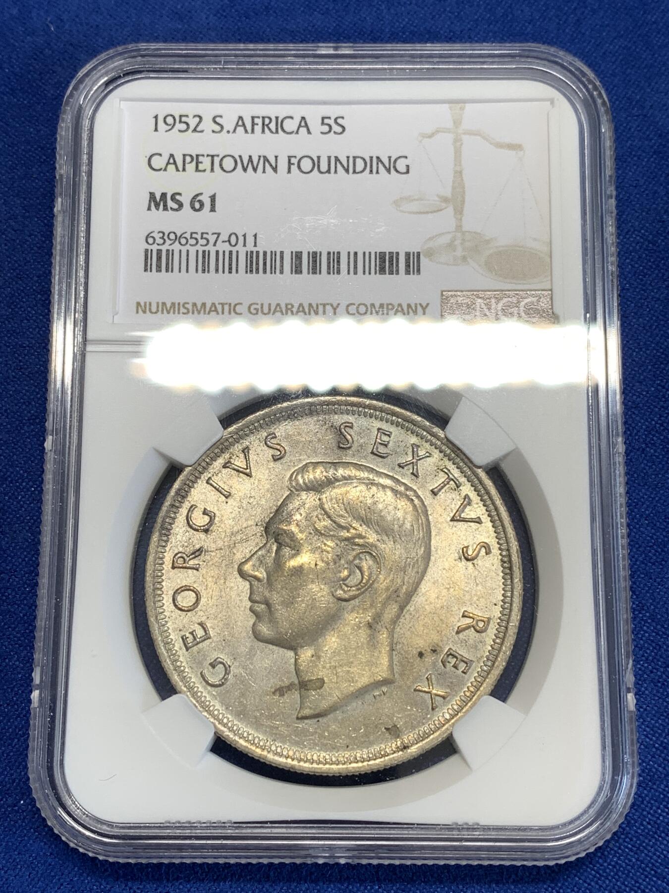 《竞宝斋》第294场- 周日，周一  2场连拍 （全场包邮） NGC MS61 南非1952年乔治六世发现开普敦5先令克朗型大银币 原光