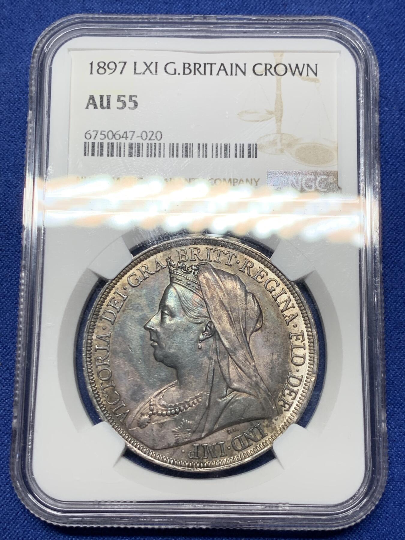 《竞宝斋》第294场- 周日，周一  2场连拍 （全场包邮） NGC AU55 英国1897年维多利亚披纱马剑1克朗银币