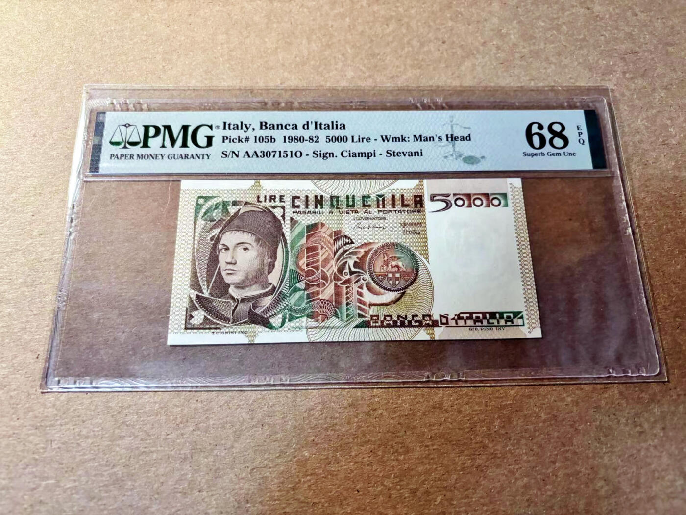 【Blue Auction】✨世界纸币精拍第520期【精】 【AA】意大利 1980-82年5000里拉  PMG68EPQ 超高分