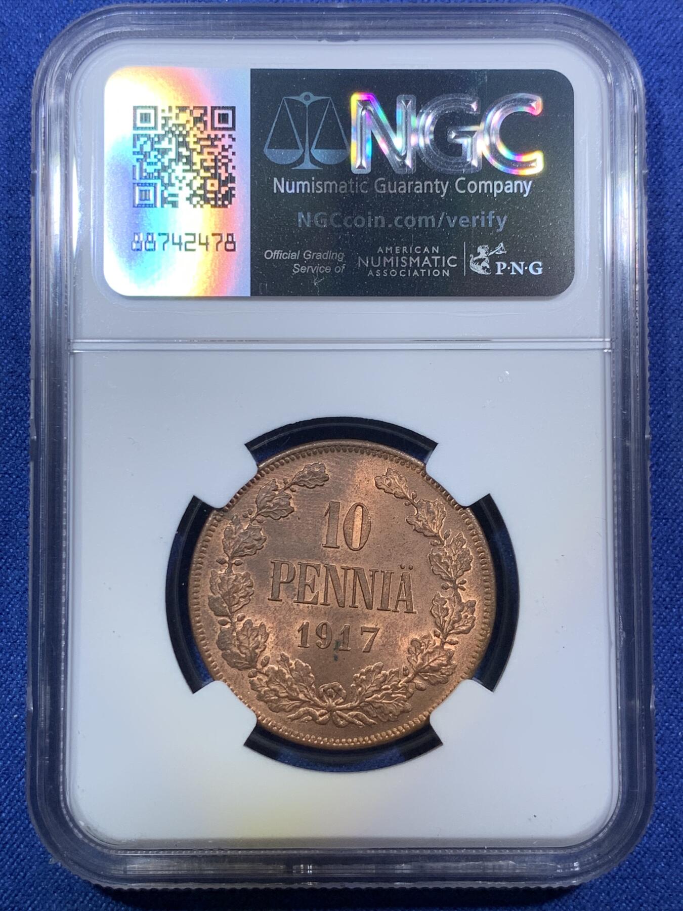 《竞宝斋》第294场- 周日，周一  2场连拍 （全场包邮） NGC MS64RB 俄占芬兰1917年克伦斯基临时政府无皇冠双头鹰10盆尼铜币