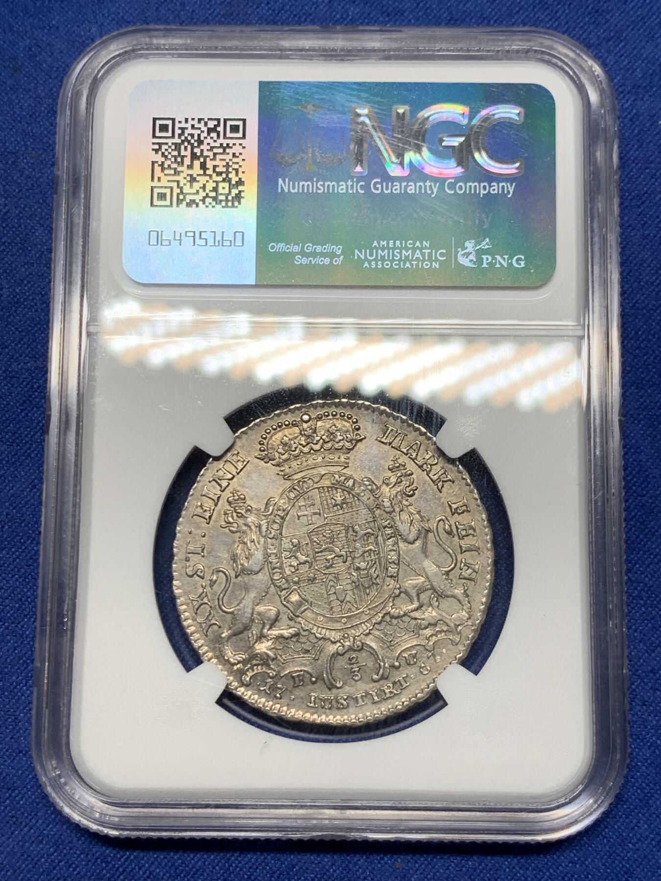 《竞宝斋》第294场- 周日，周一  2场连拍 （全场包邮） NGC AU55 德国 1767 黑森-卡塞尔伯爵领地 腓特烈二世 2/3泰勒银币 单年份最大面值