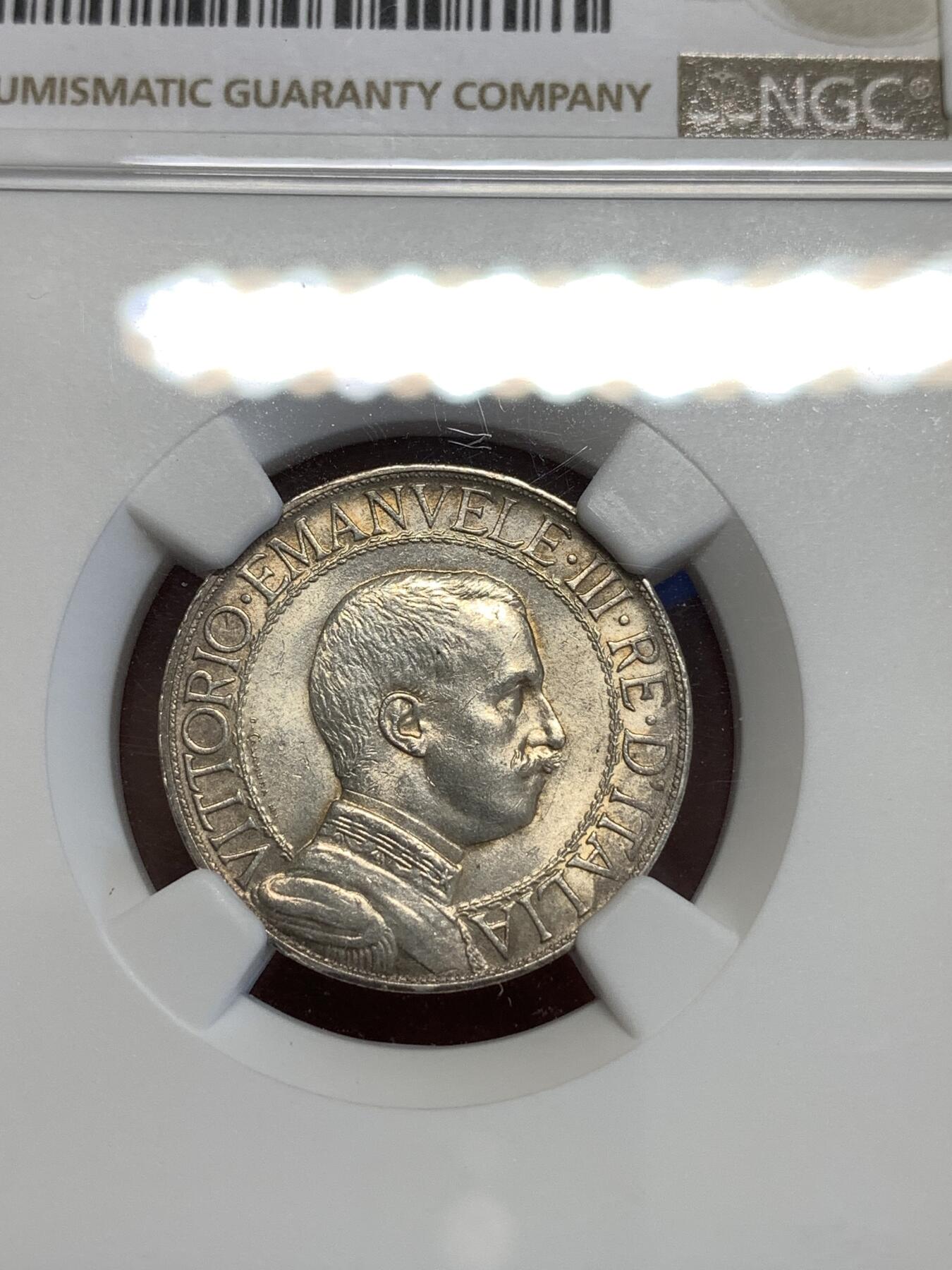 《竞宝斋》第294场- 周日，周一  2场连拍 （全场包邮） NGC UNC 意大利1912年圈版马车1里拉银币 少见版别