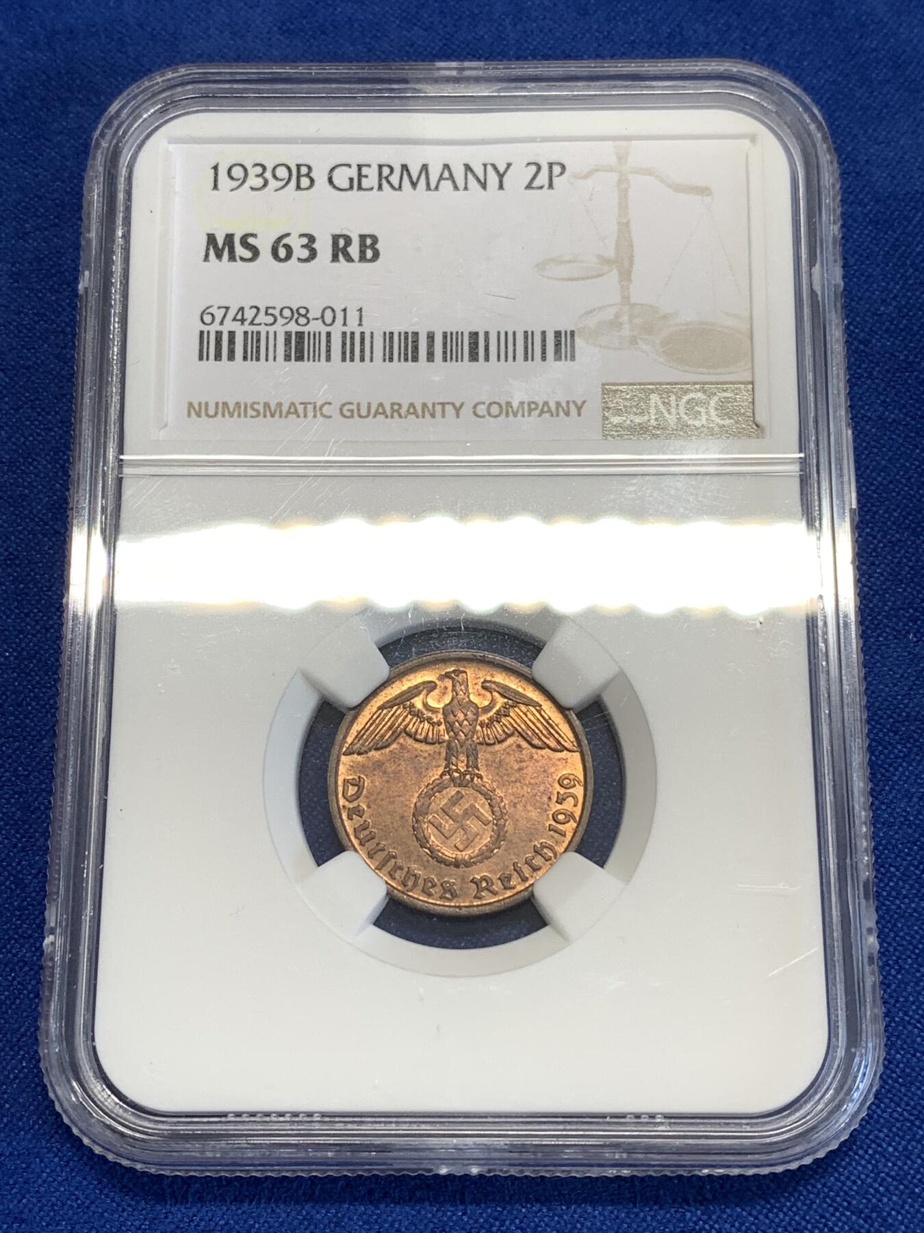 《竞宝斋》第294场- 周日，周一  2场连拍 （全场包邮） NGC MS63RB 1939B德意志第三帝国2芬尼铜币
