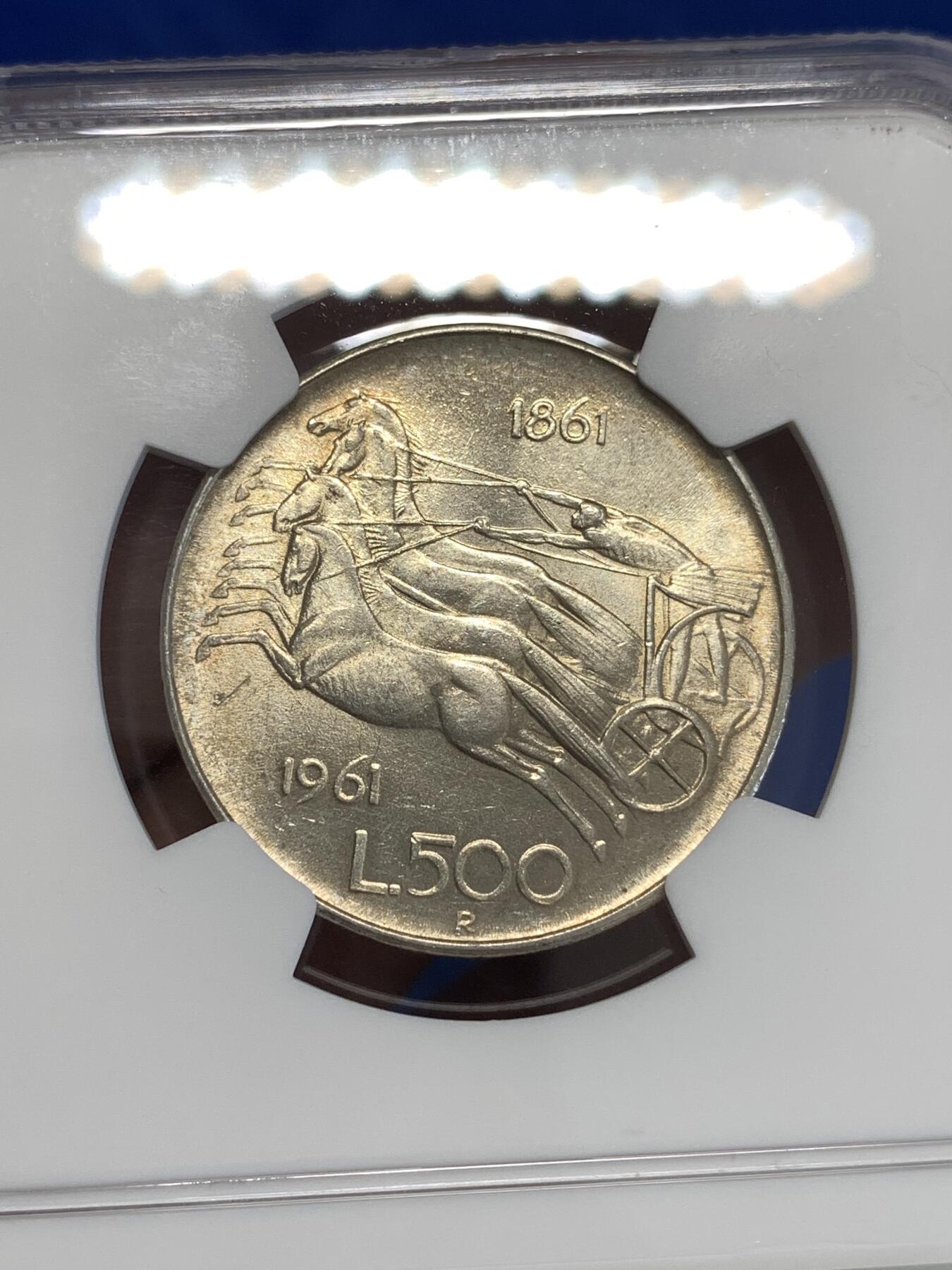 《竞宝斋》第294场- 周日，周一  2场连拍 （全场包邮） NGC MS63 意大利1961年马车500里拉银币