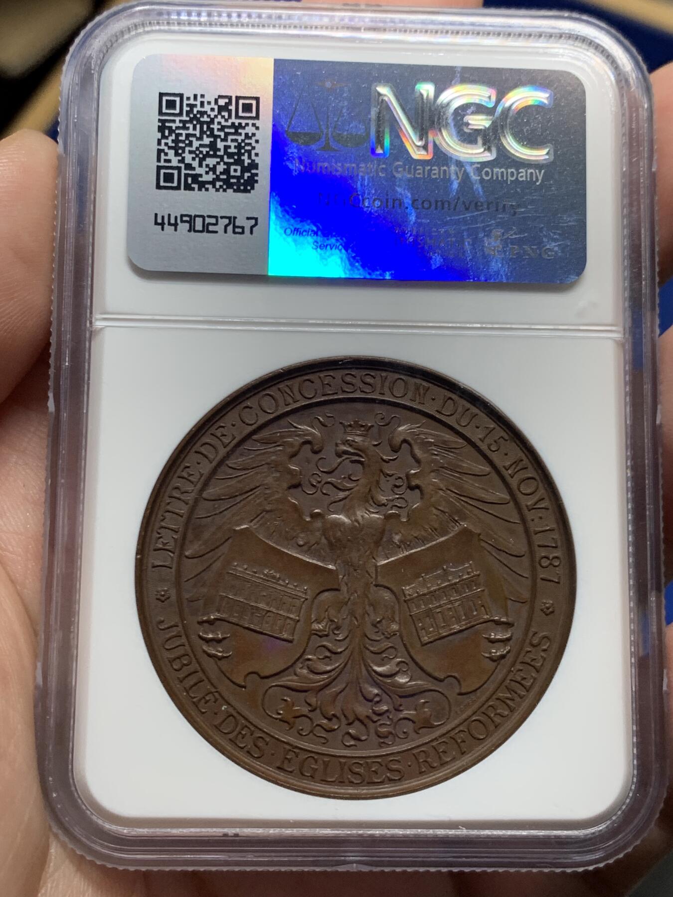 《竞宝斋》第294场- 周日，周一  2场连拍 （全场包邮） NGC MS62 德国 1887年法兰克福 改革百年纪念 铜章 双面精细制作 希见品种