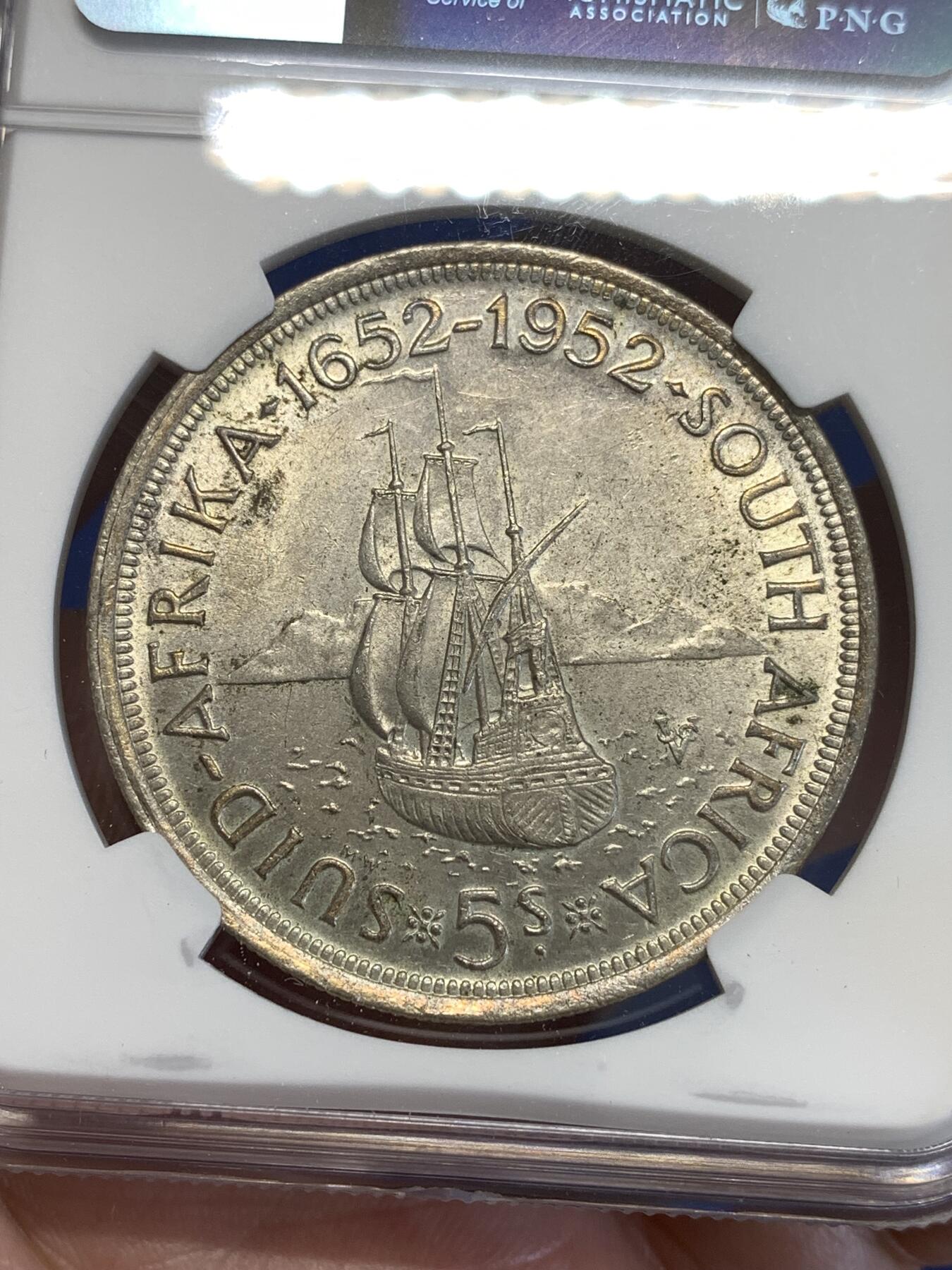 《竞宝斋》第294场- 周日，周一  2场连拍 （全场包邮） NGC MS61 南非1952年乔治六世发现开普敦5先令克朗型大银币 原光