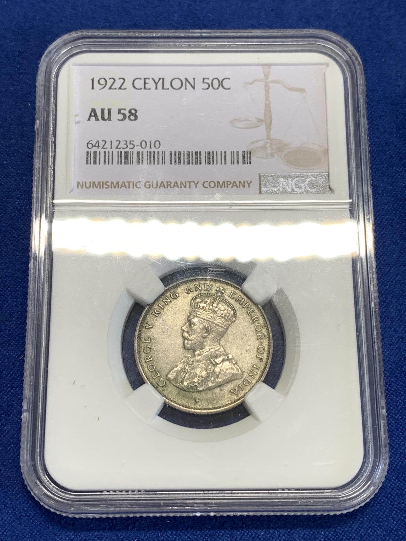 《竞宝斋》第294场- 周日，周一  2场连拍 （全场包邮） NGC AU58 锡兰 1922年 50分银币