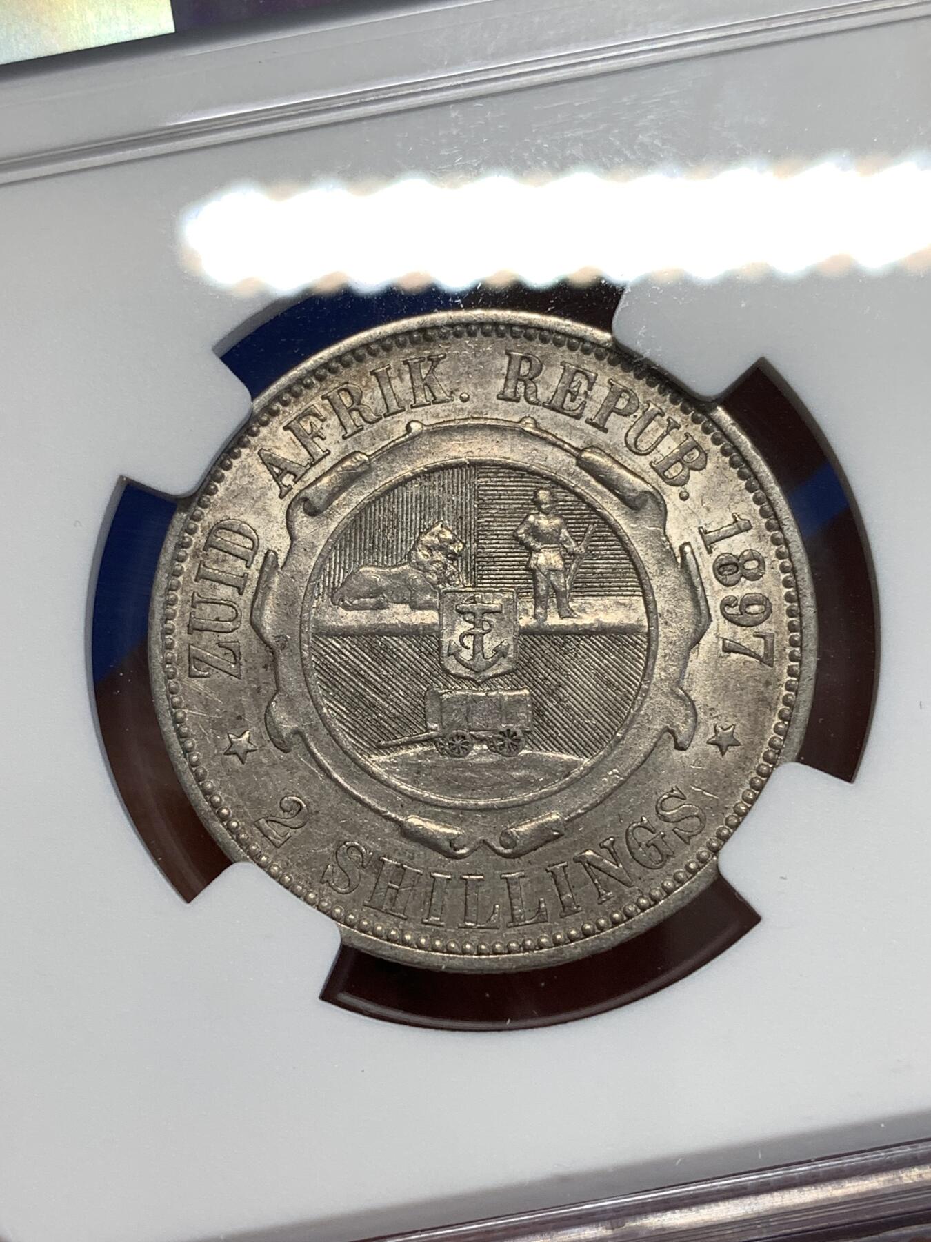 《竞宝斋》第294场- 周日，周一  2场连拍 （全场包邮） NGC AU55 南非1897年斯瓦士兰2先令 大胡子经典设计