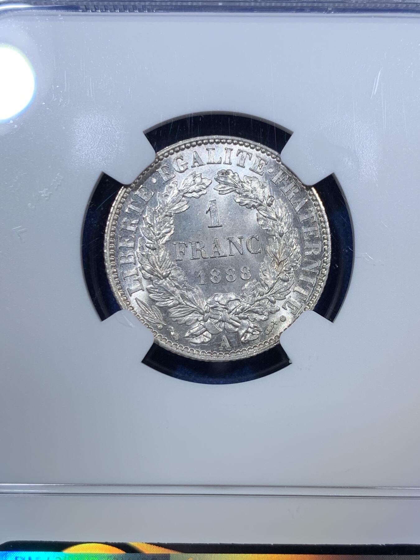 《竞宝斋》第294场- 周日，周一  2场连拍 （全场包邮） NGC MS65高分 法国1888A谷物女神1法郎 巴黎厂出品 吉祥年份 状态绝