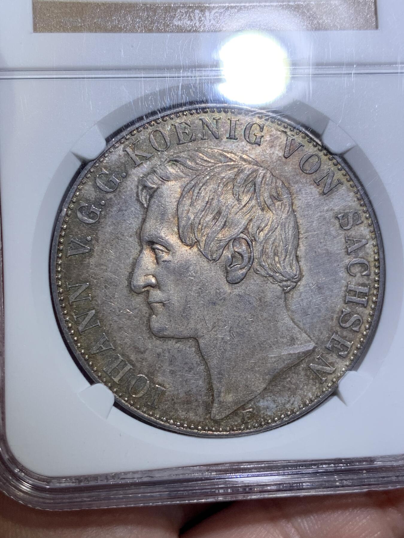 《竞宝斋》第294场- 周日，周一  2场连拍 （全场包邮） NGC MS61 德国 1855萨克森流通纹章2泰勒 约翰五世2泰勒的首年，37克大银币，两年发行品种，NGC亚军分，包浆好看