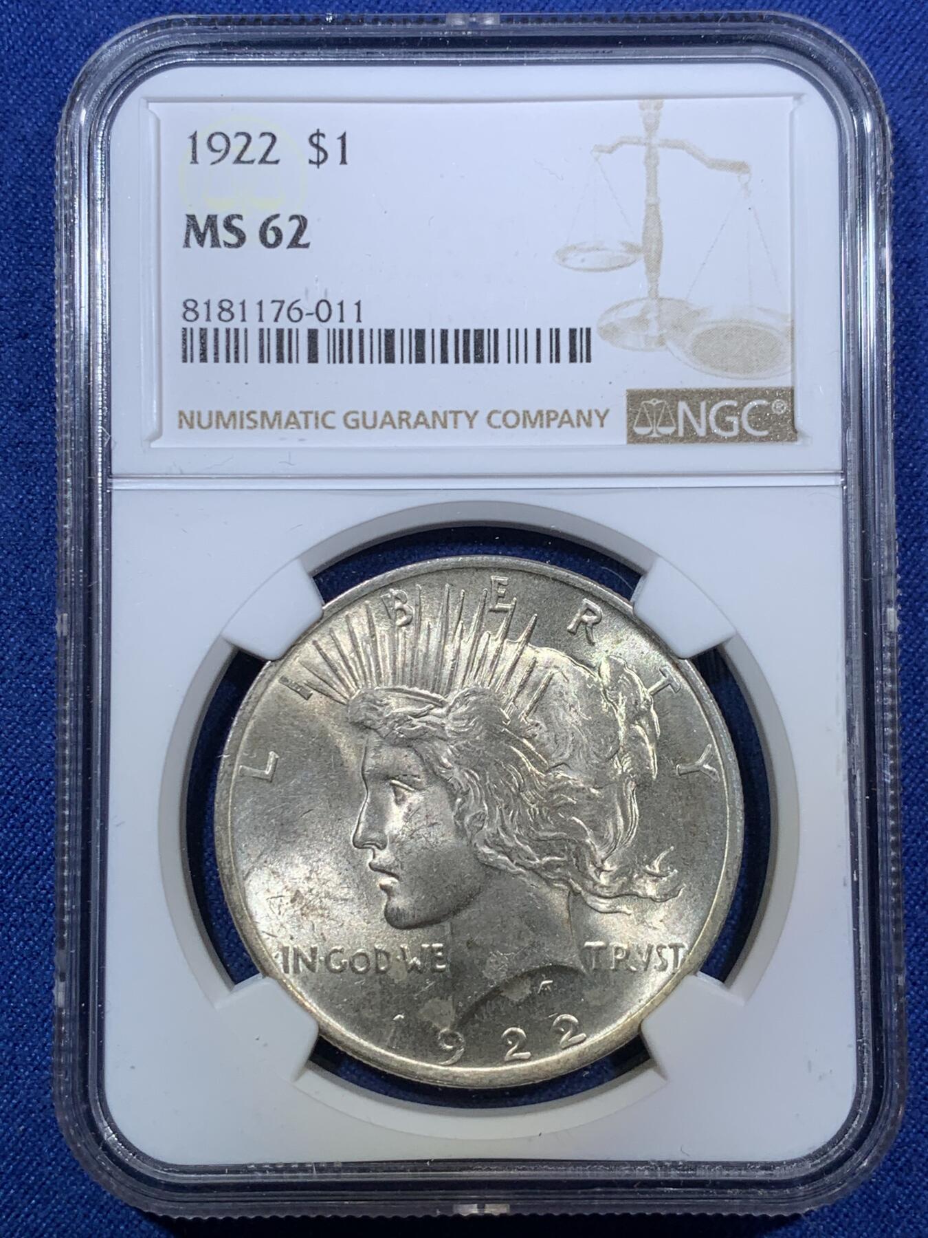 《竞宝斋》第294场- 周日，周一  2场连拍 （全场包邮） NGC MS62 美国1922年和平鸽1美元银币