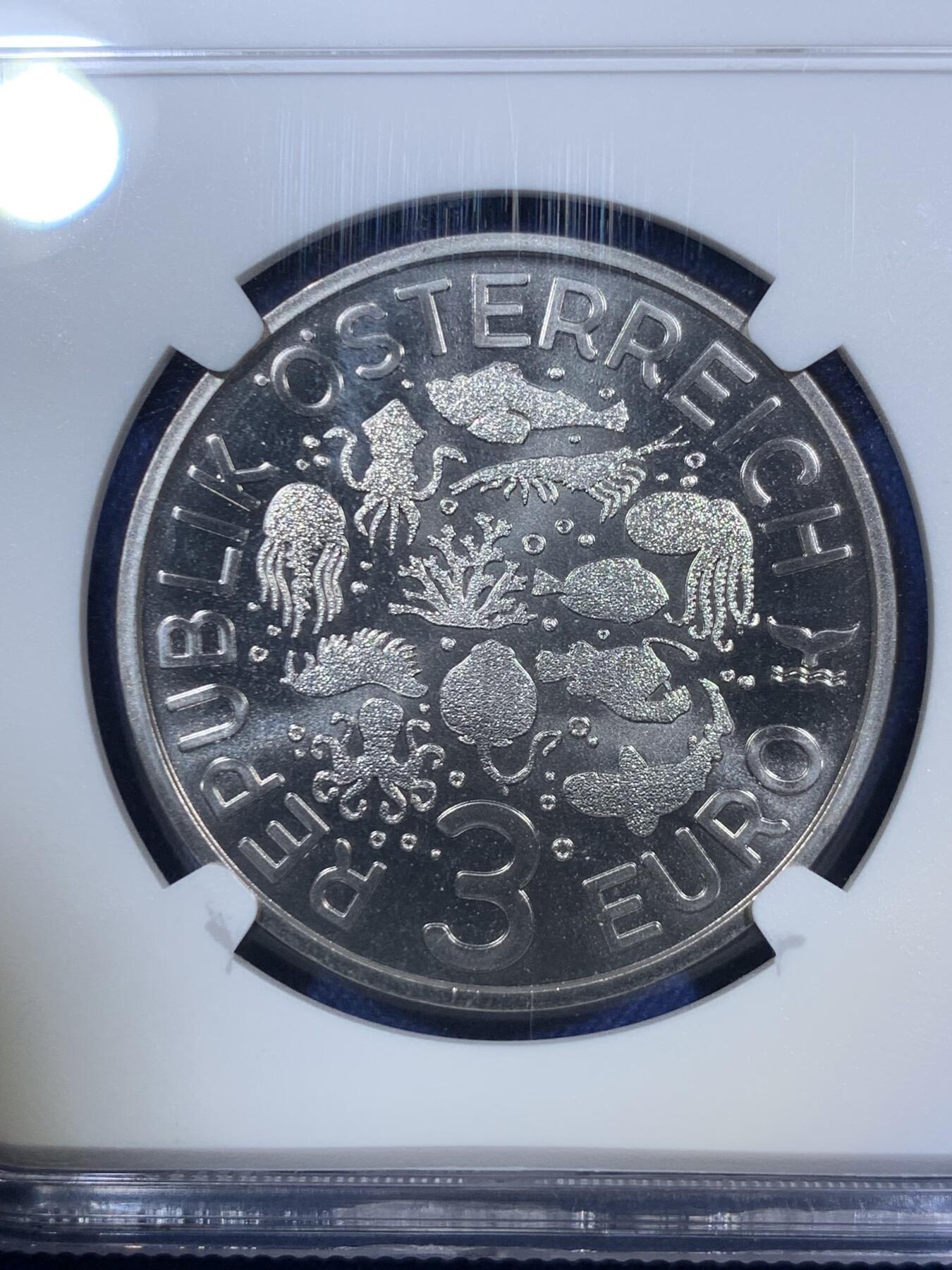 《竞宝斋》第294场- 周日，周一  2场连拍 （全场包邮） NGC MS70 奥地利2023年海洋生物系列4深海鮟鱇鱼3欧元铜镍币 蓝标首期