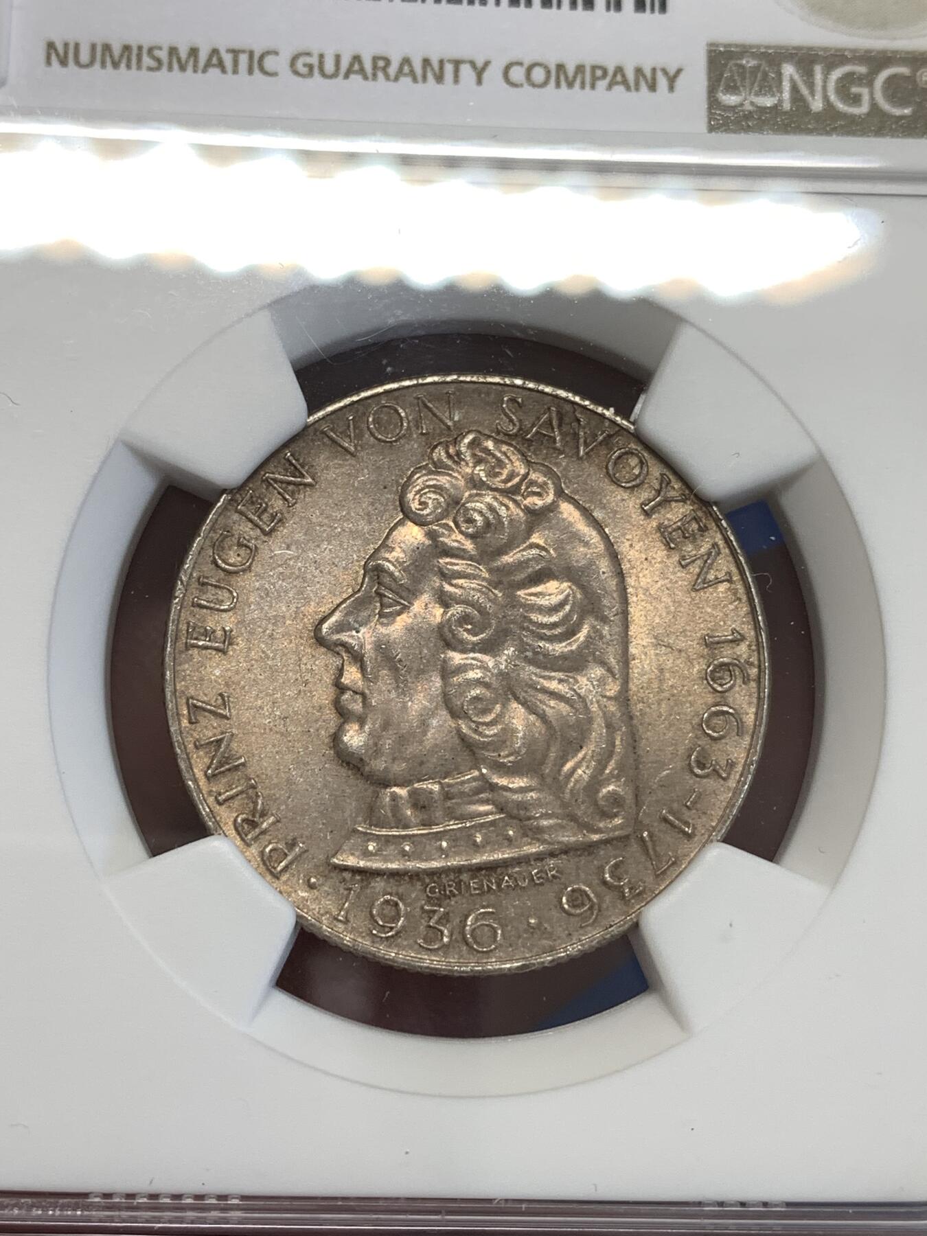 《竞宝斋》第294场- 周日，周一  2场连拍 （全场包邮） NGC MS64 奥地利 1936年 欧根亲王 2先令 银币