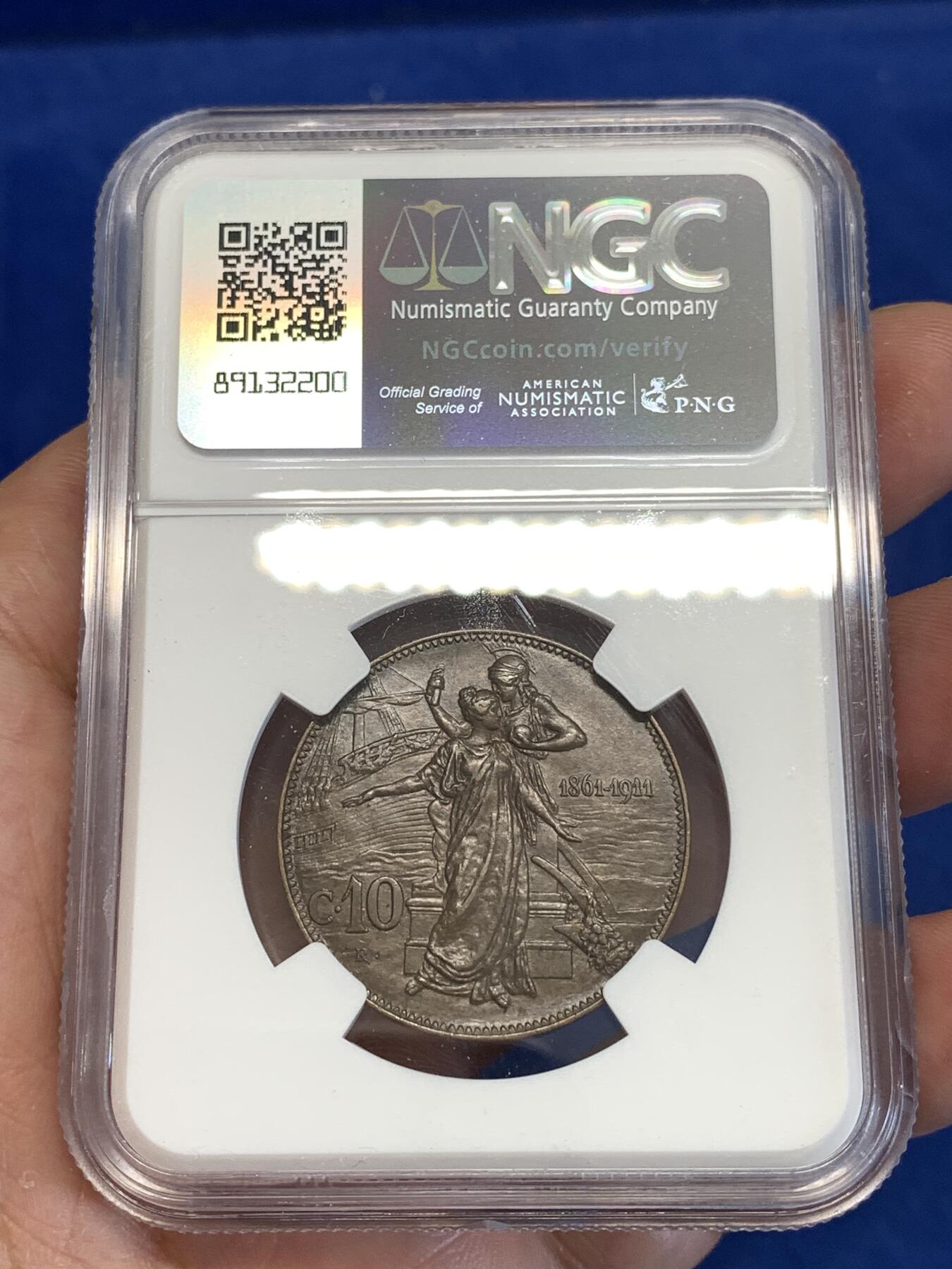 《竞宝斋》第294场- 周日，周一  2场连拍 （全场包邮） NGC AU58BN 意大利1911年建国50周年纪念10分托奶铜币