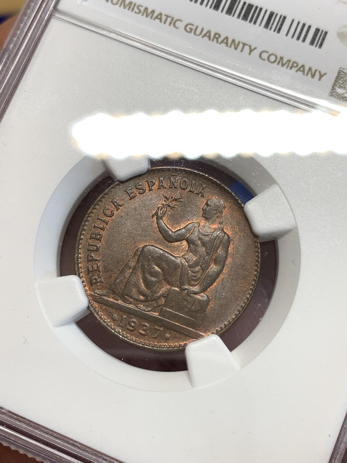 《竞宝斋》第294场- 周日，周一  2场连拍 （全场包邮） NGC MS64BN 西班牙1937（36）内战50分 坐人女神铜币