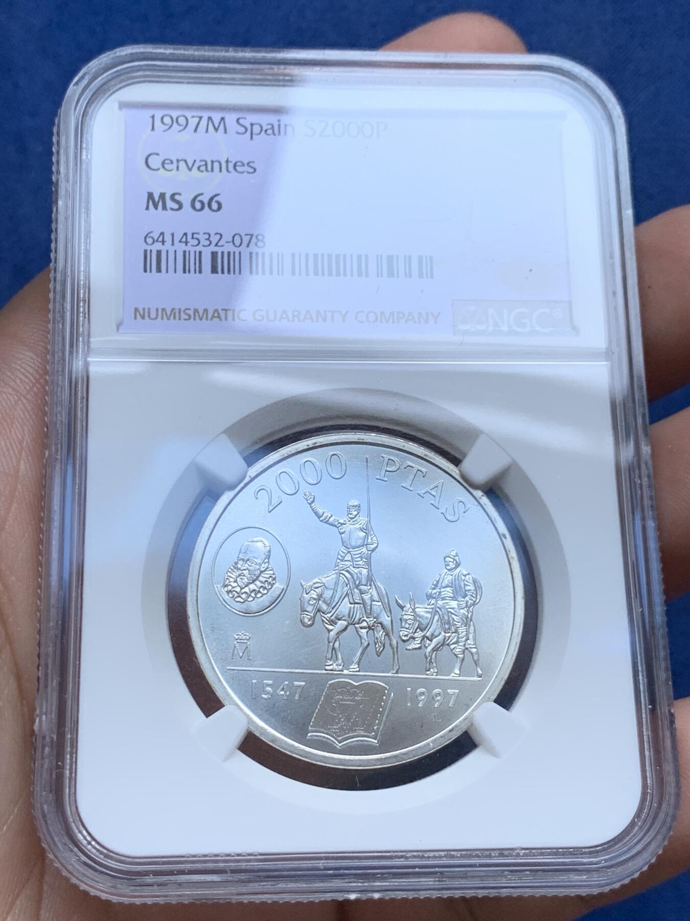 《竞宝斋》第294场- 周日，周一  2场连拍 （全场包邮） NGC MS66 1997年 西班牙 2000比塞塔 塞万提斯 银0.925 18克 获得更高评分的数目: 1枚 带卡