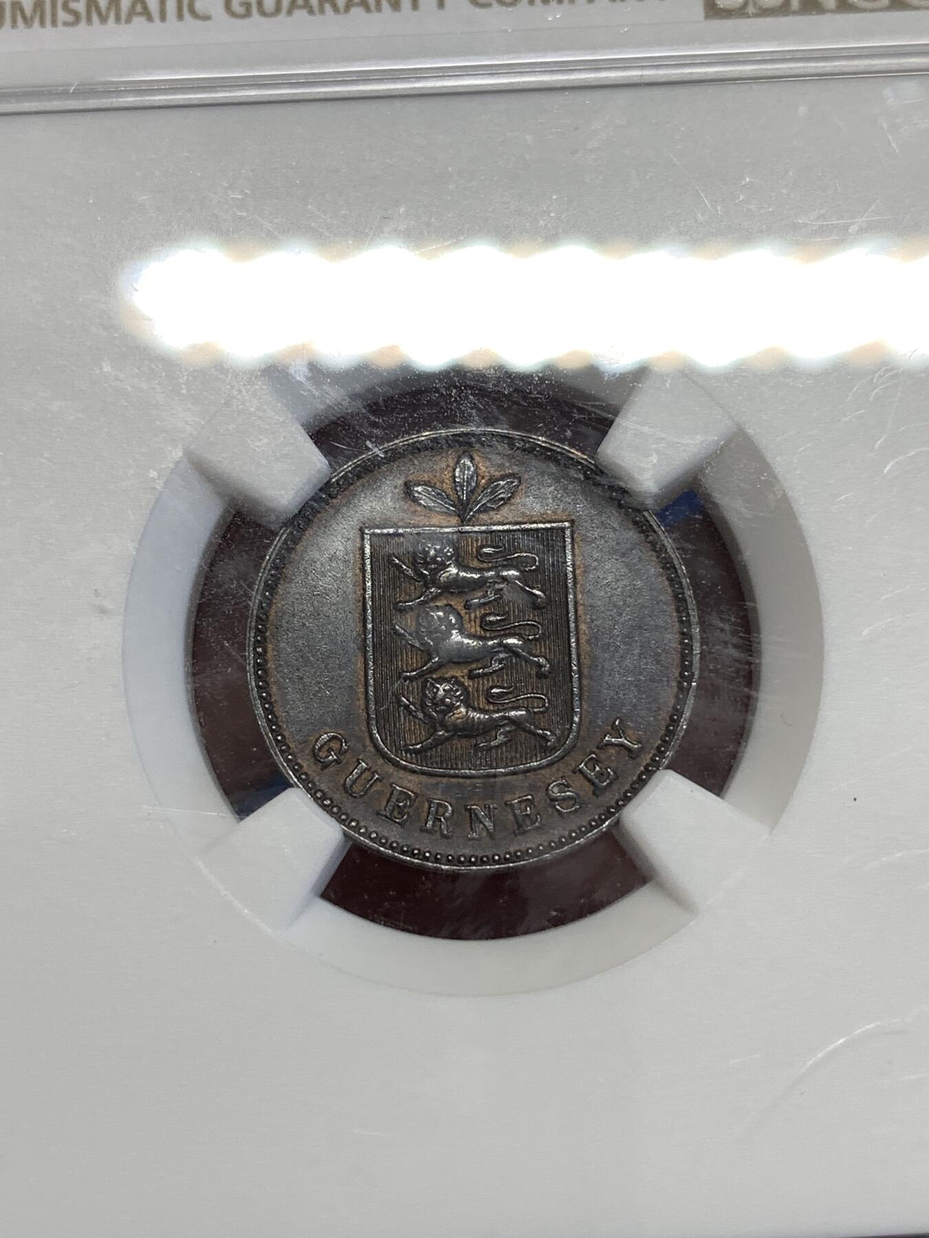 《竞宝斋》第294场- 周日，周一  2场连拍 （全场包邮） NGC MS61BN 英属根西岛1889年1道布铜币