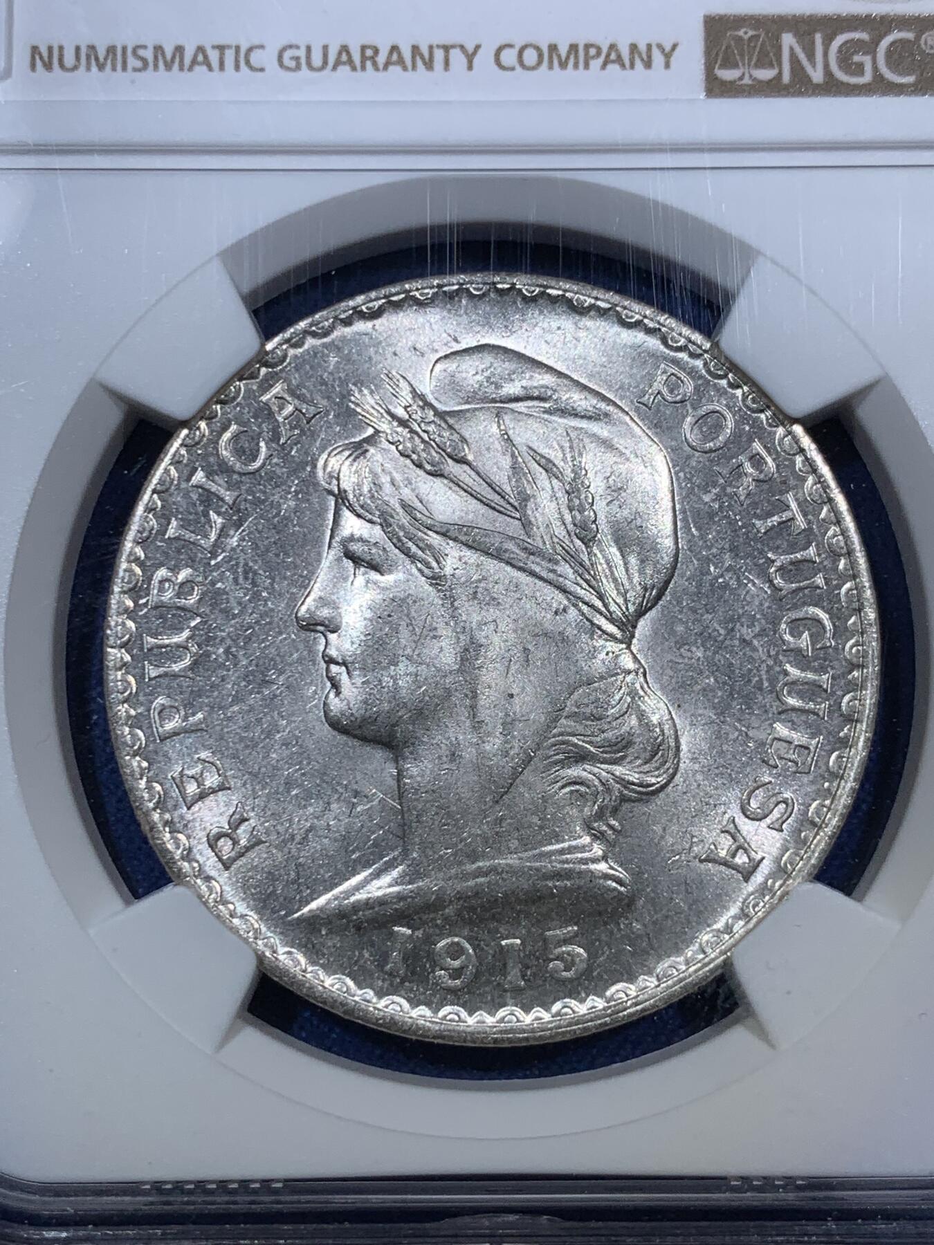 《竞宝斋》第294场- 周日，周一  2场连拍 （全场包邮） NGC MS62 原光葡萄牙女神1915年1埃斯库多银币