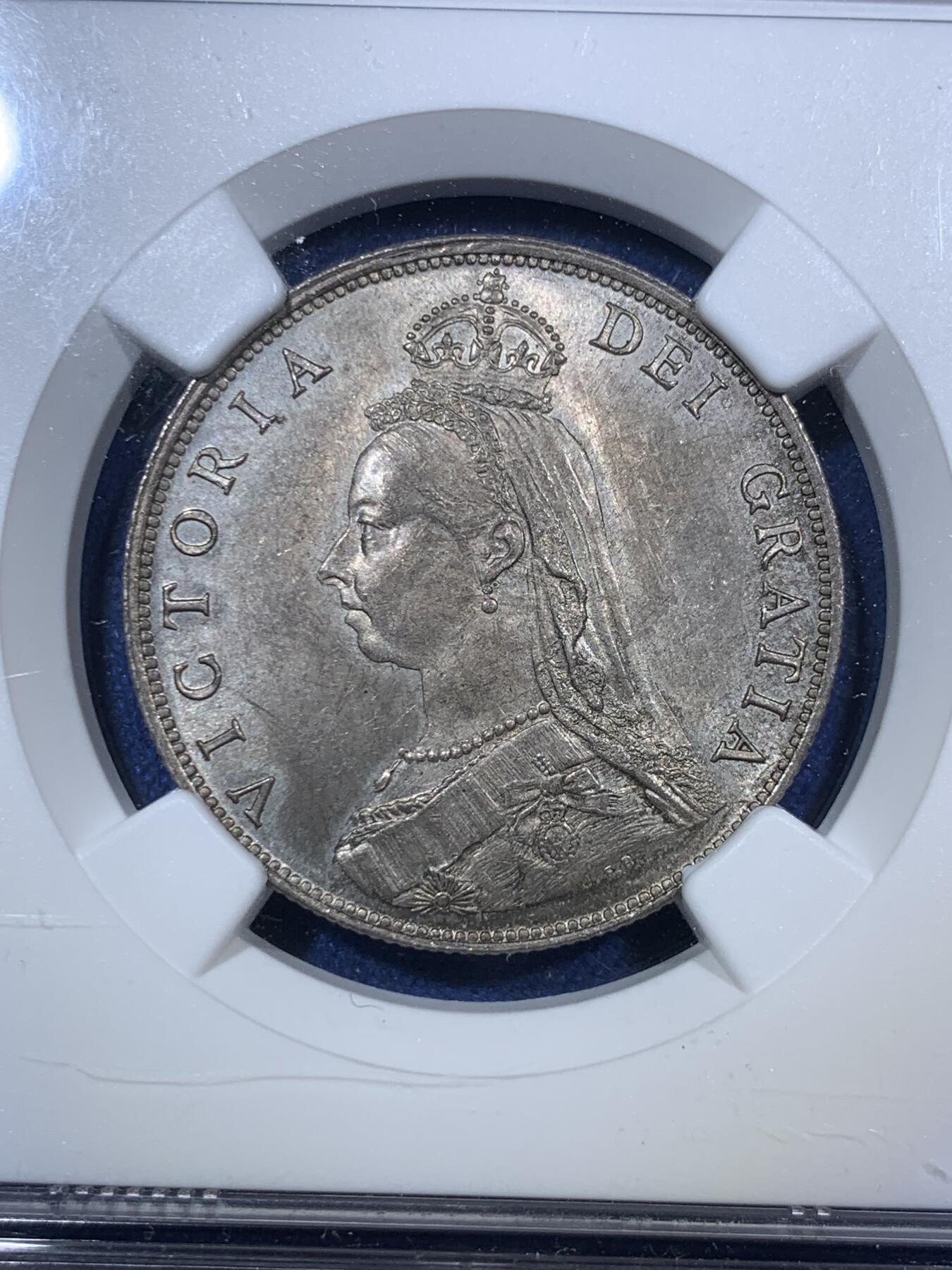 《竞宝斋》第294场- 周日，周一  2场连拍 （全场包邮） NGC MS65 英国 1887年维多利亚高冠2先令/1弗罗洛林银币