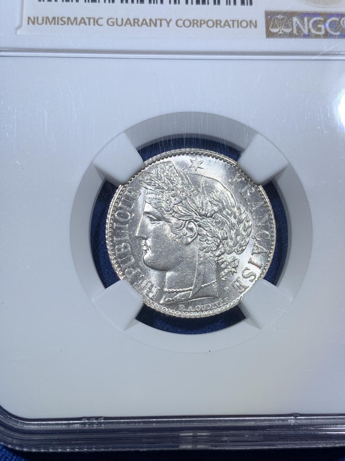 《竞宝斋》第294场- 周日，周一  2场连拍 （全场包邮） NGC MS65高分 法国1888A谷物女神1法郎 巴黎厂出品 吉祥年份 状态绝