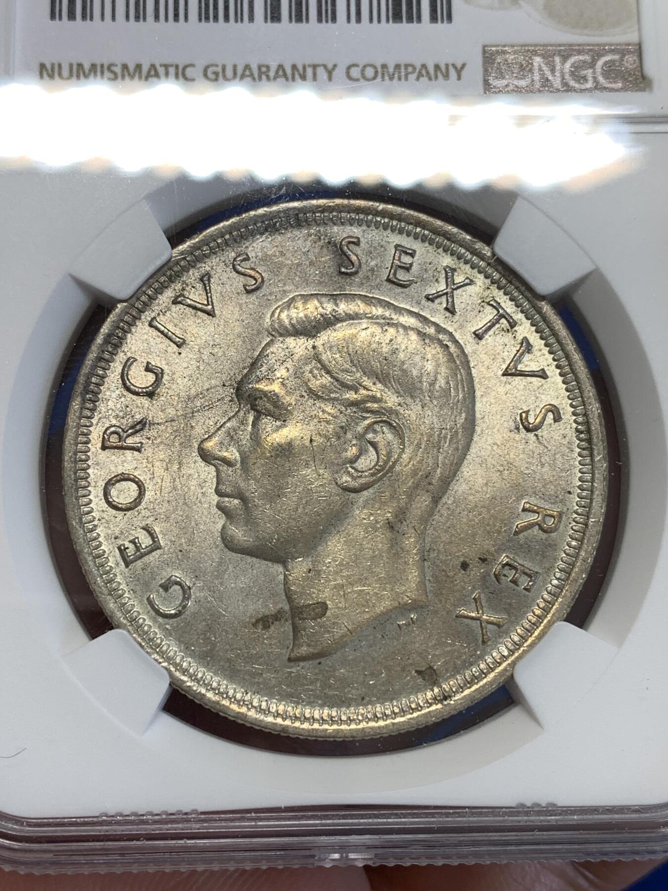 《竞宝斋》第294场- 周日，周一  2场连拍 （全场包邮） NGC MS61 南非1952年乔治六世发现开普敦5先令克朗型大银币 原光