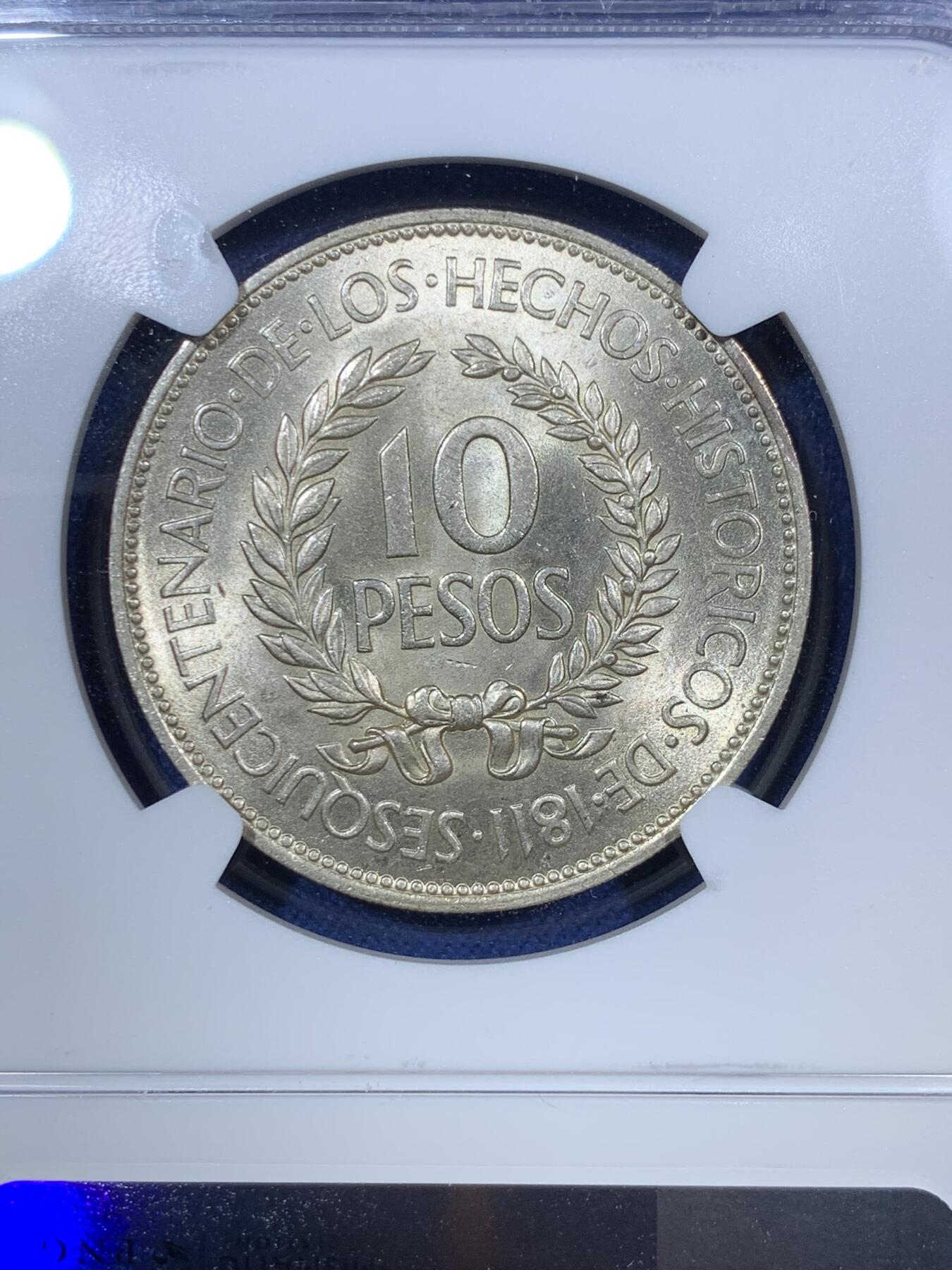 《竞宝斋》第294场- 周日，周一  2场连拍 （全场包邮） NGC MS62 乌拉圭1961年10比索银币