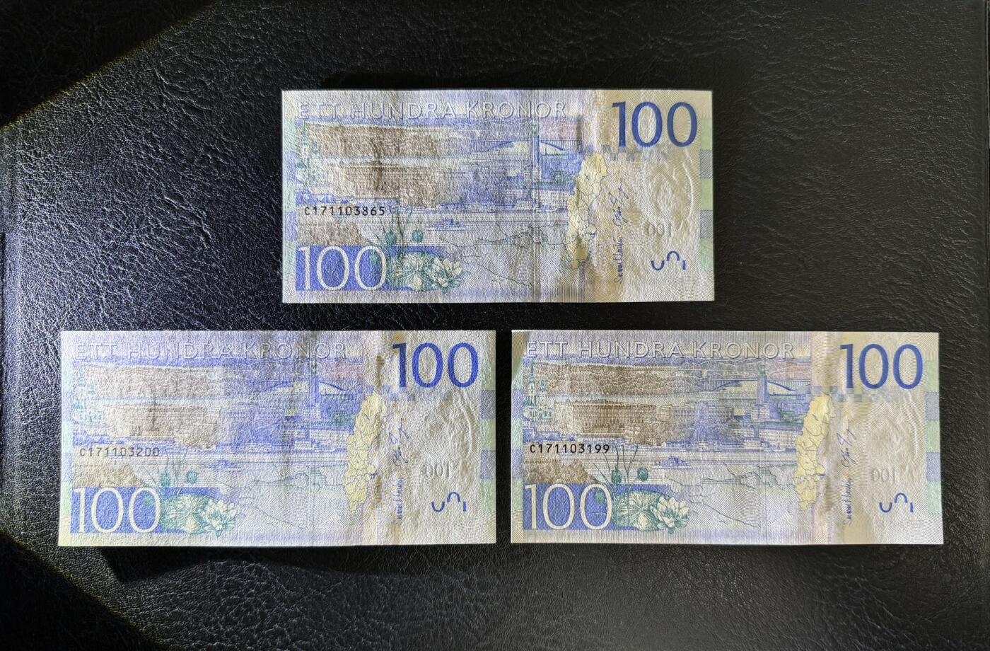 收藏联盟Quantum Auction 第366期拍卖  瑞典2016年100克朗三张 品相UNC 女星葛泰丽.嘉宝 号码无4