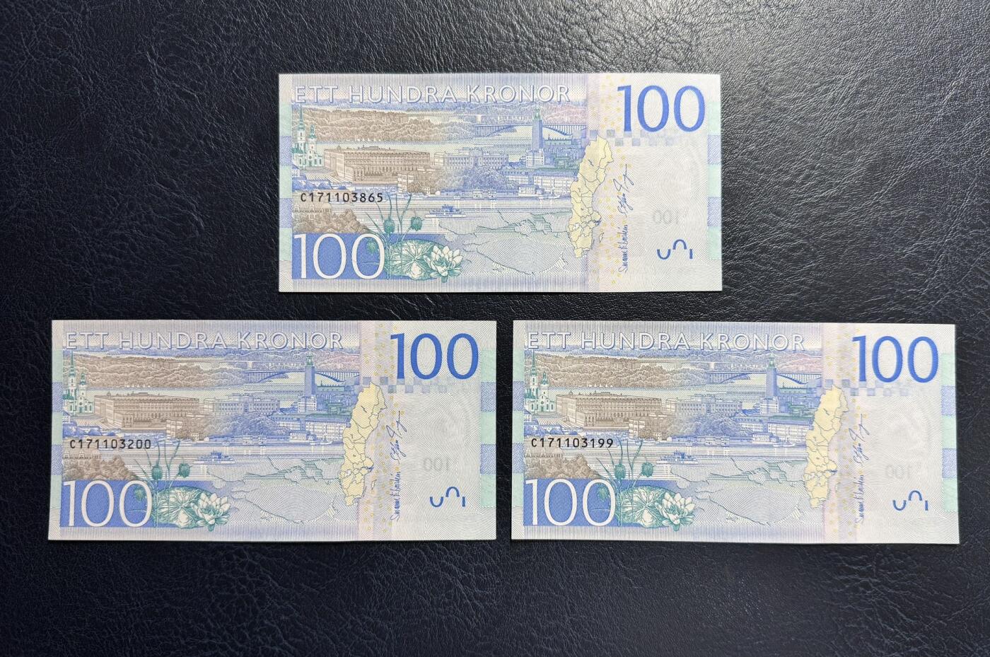 收藏联盟Quantum Auction 第366期拍卖  瑞典2016年100克朗三张 品相UNC 女星葛泰丽.嘉宝 号码无4