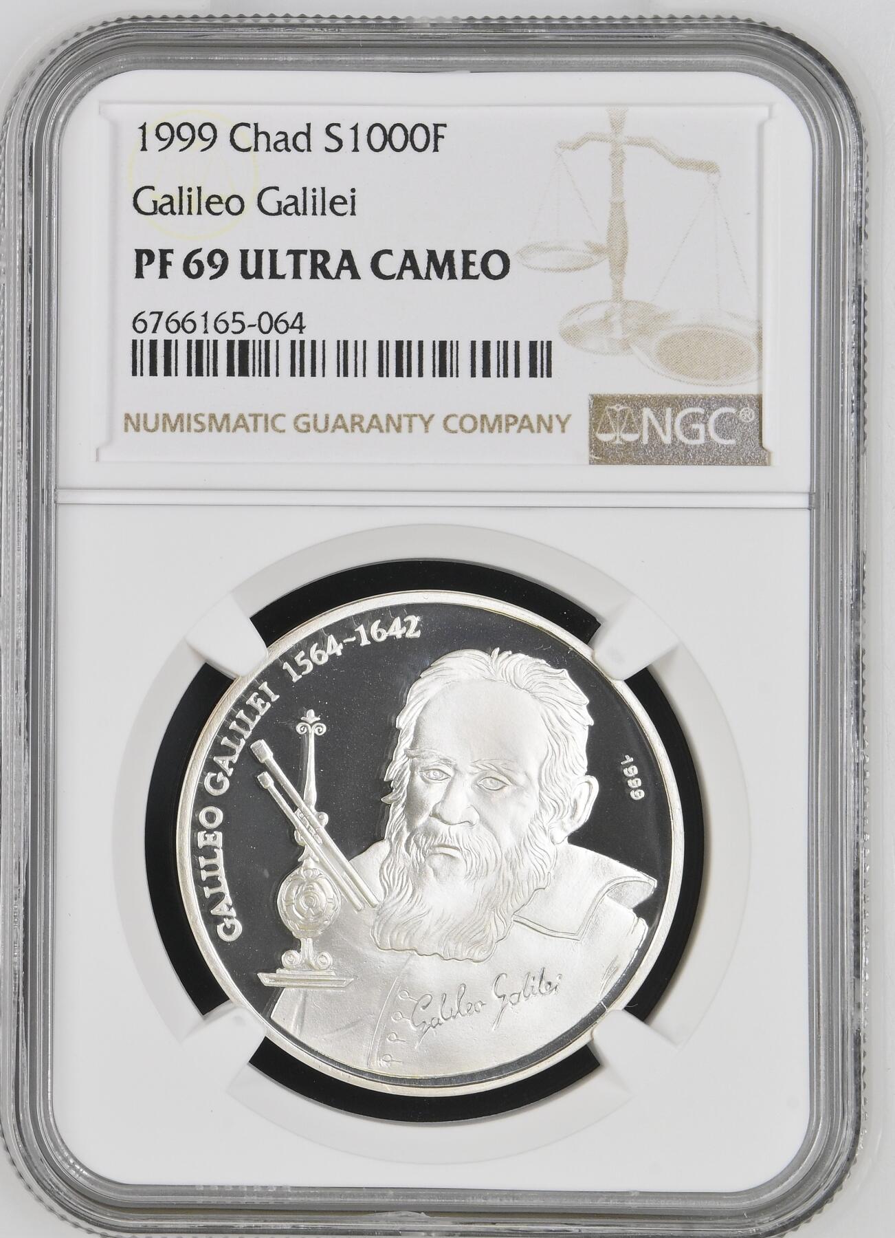长老汇龙年精选第十八场拍卖 1999 乍得伽利略1000法郎精制银币，NGC PF69UC