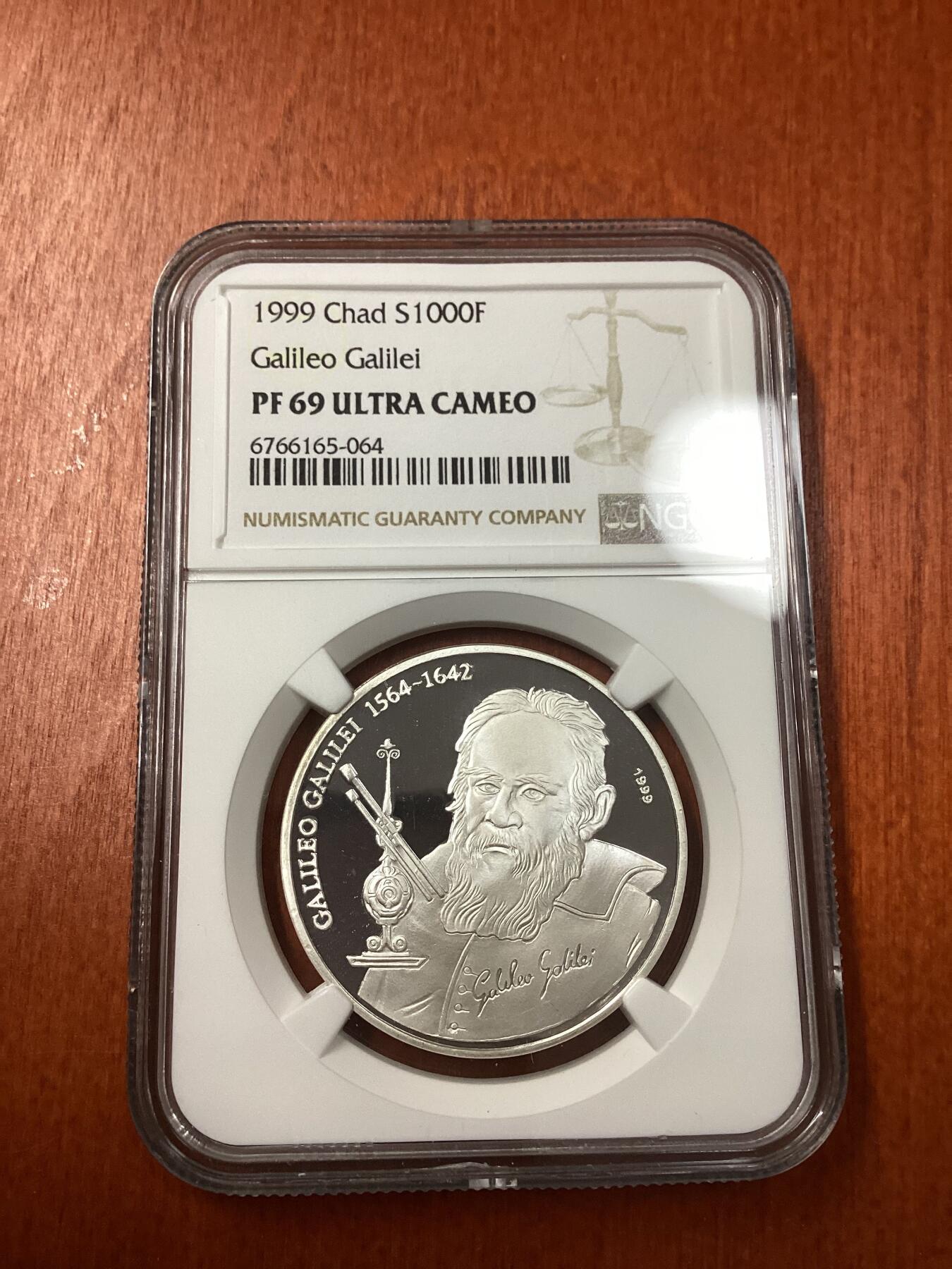 长老汇龙年精选第十八场拍卖 1999 乍得伽利略1000法郎精制银币，NGC PF69UC