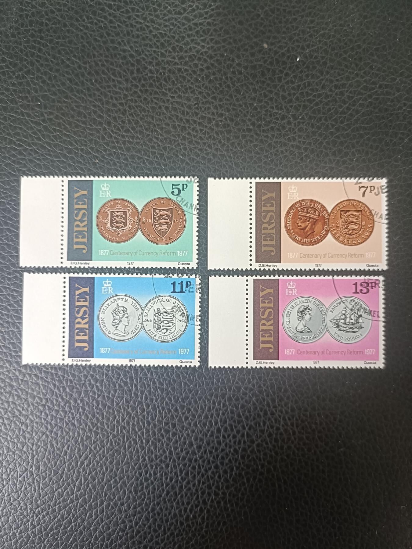 72外国邮票 英属泽西岛1977年货币改革百年本岛硬币4全 盖销 所见即所得
