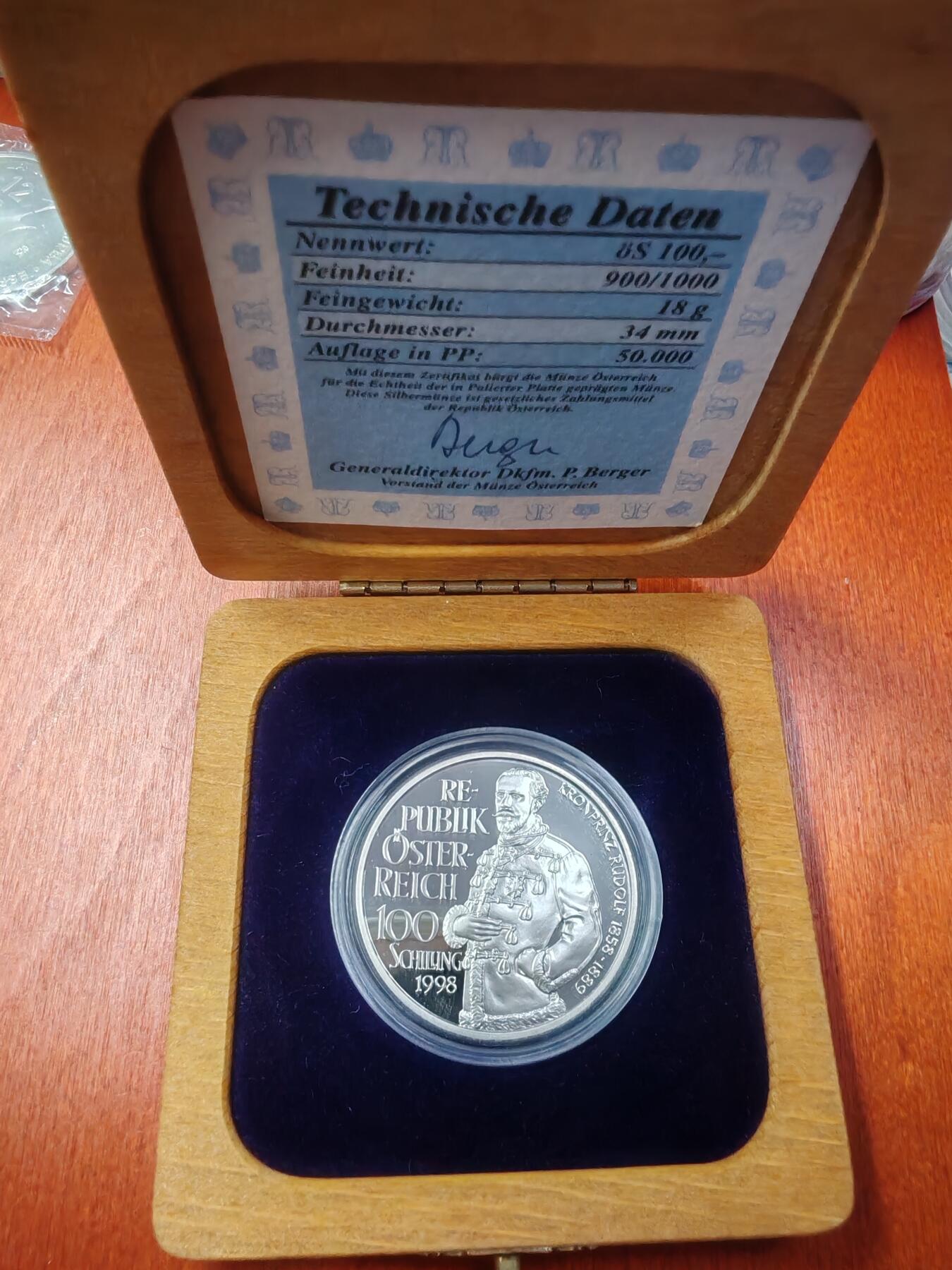 长老汇龙年精选第十八场拍卖 1998奥地利哈布斯堡王朝的悲剧皇太子鲁道夫100先令精制银币，盒证全