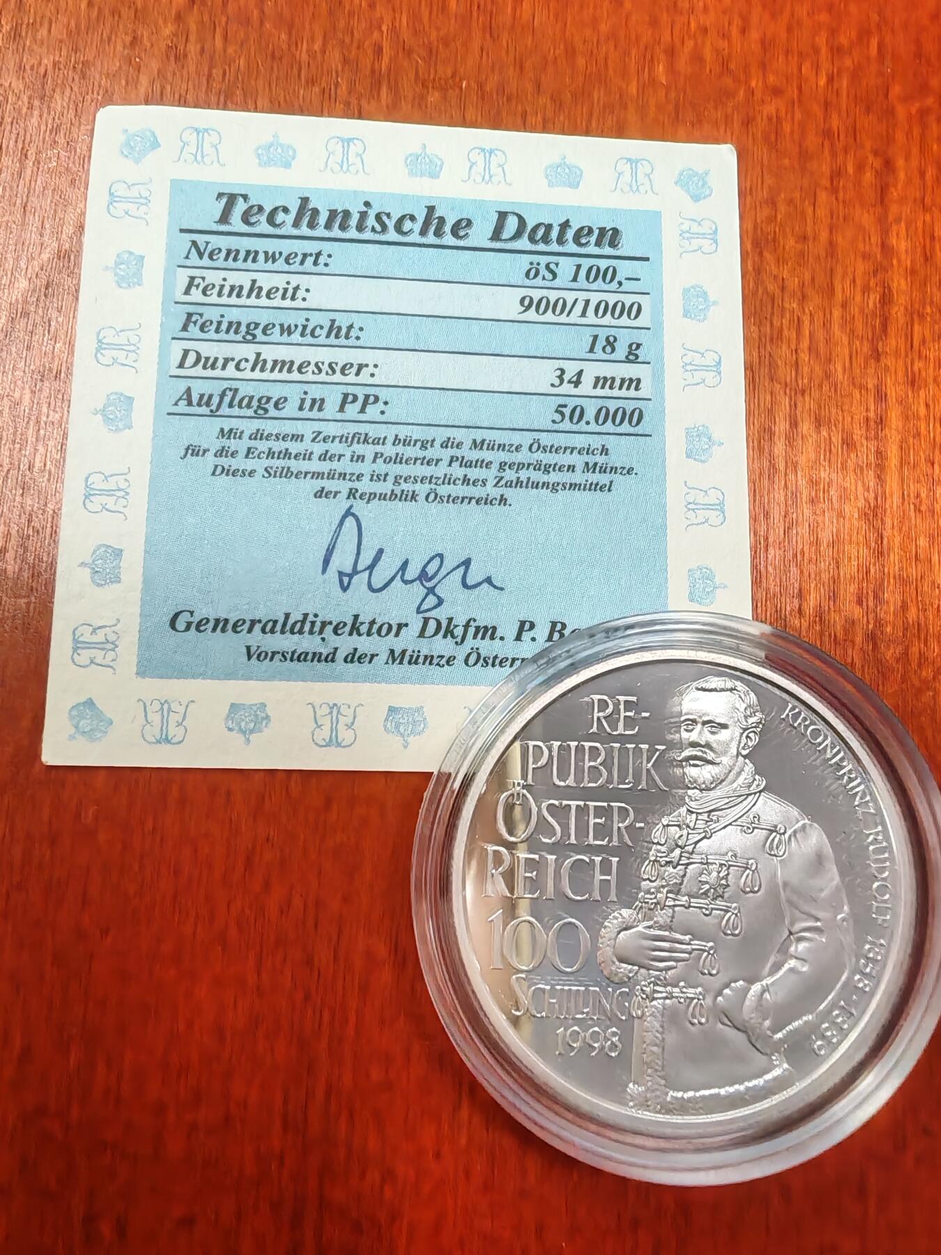 长老汇龙年精选第十八场拍卖 1998奥地利哈布斯堡王朝的悲剧皇太子鲁道夫100先令精制银币，盒证全