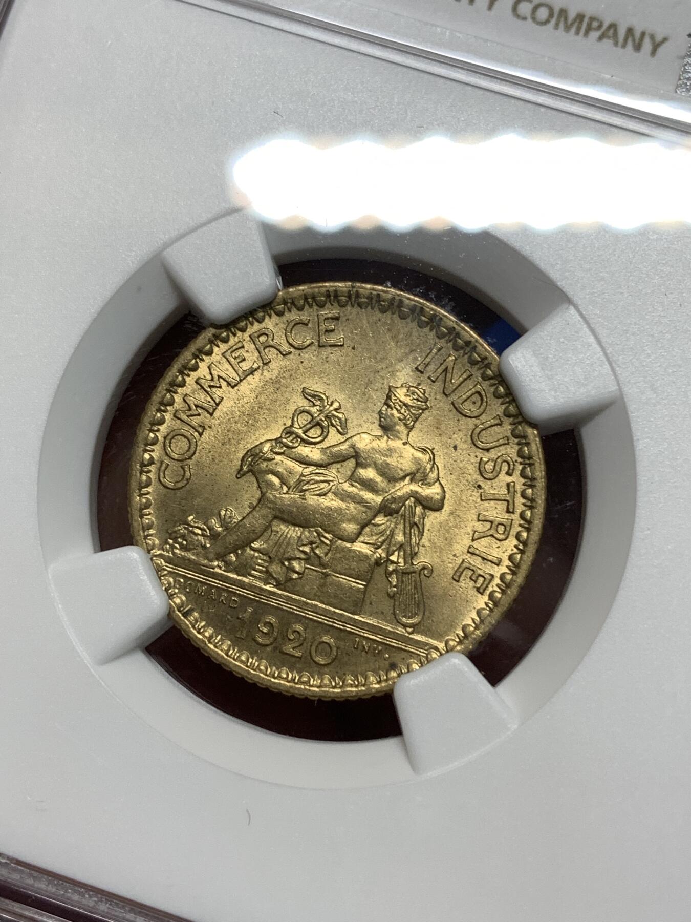 《竞宝斋》第295场- 周日，周一  2场连拍 （全场包邮） NGC MS65 1920法国商会1法郎