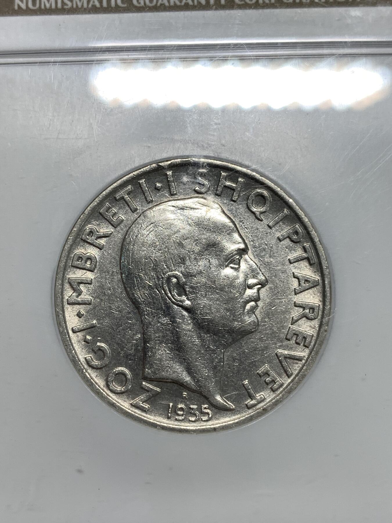 《竞宝斋》第295场- 周日，周一  2场连拍 （全场包邮） NGC AU55 好品阿尔巴尼亚1935年2法郎流通银币