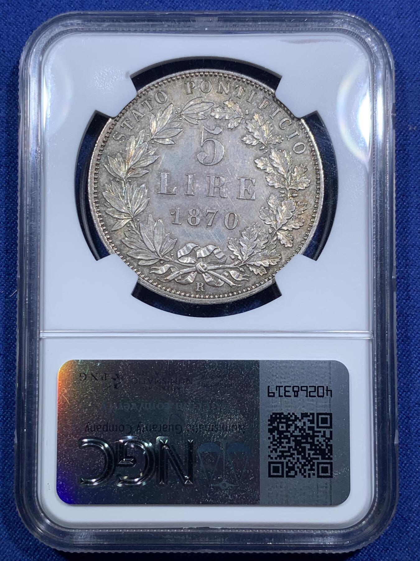 《竞宝斋》第295场- 周日，周一  2场连拍 （全场包邮） NGC MS64 意大利教皇国1870年庇护九世5里拉银币 底光知足 难得高分