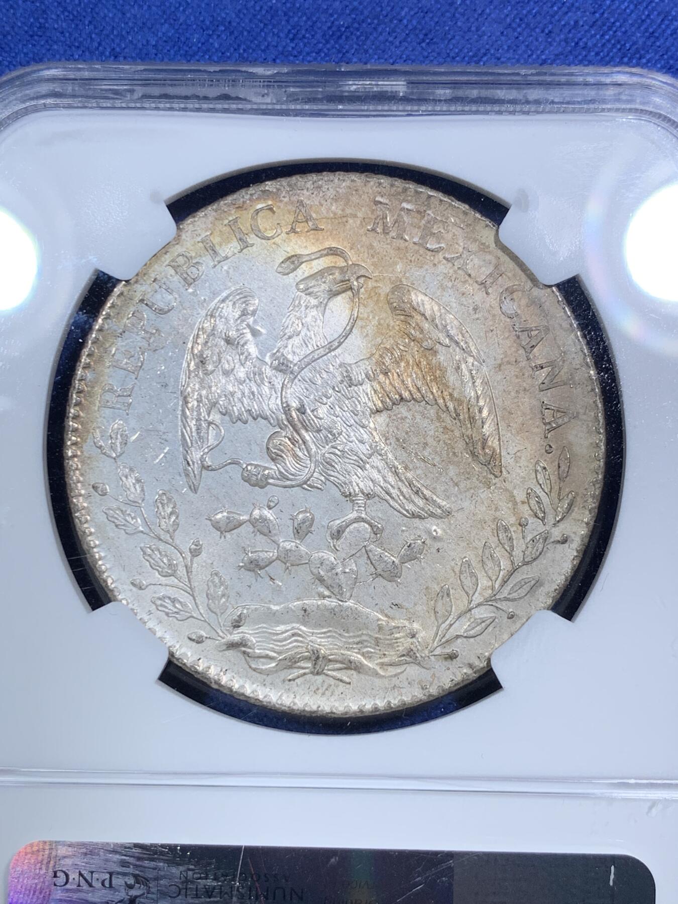 《竞宝斋》第295场- 周日，周一  2场连拍 （全场包邮） NGC MS63 1897年墨西哥鹰洋8R 滴水未沾的原始状态，原银光，老鹰羽毛细节非常好，可惜背面包浆减分，不然定能更上一层楼